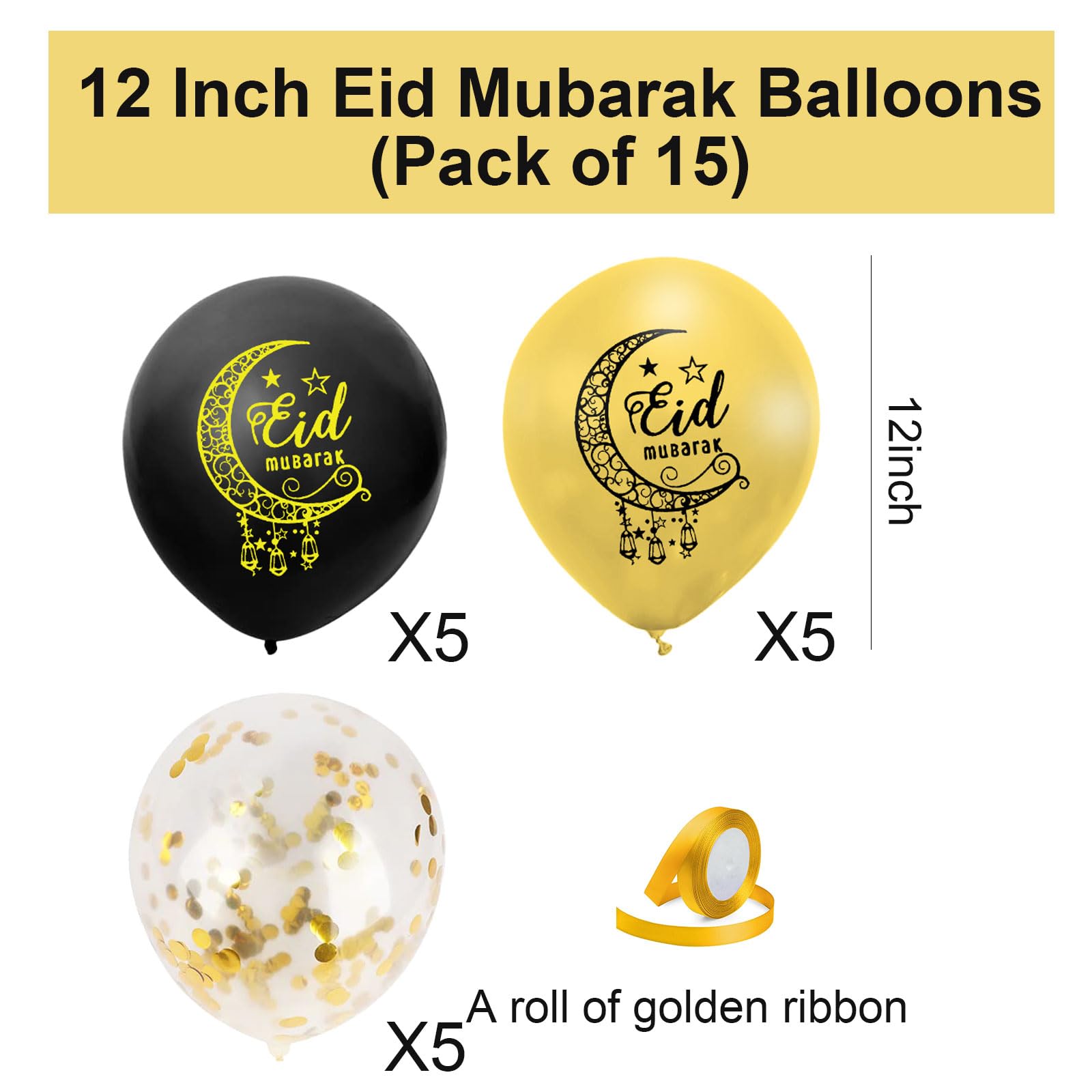 15Pcs Eid Mubarak Balloons, Eid Mubarak Decorations, Gold Black Confetti Latex Balloons - Image 2