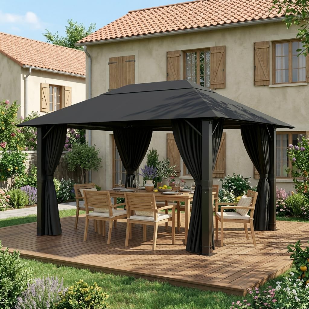 JUMMICO Tonnelle 3x4 Imperméable en Aluminium Résistante au Vent et aux UV avec Rideaux Idéale pour Jardin et Terrasse Structure Robuste et Durable Protection Efficace Contre Mauvais Temps