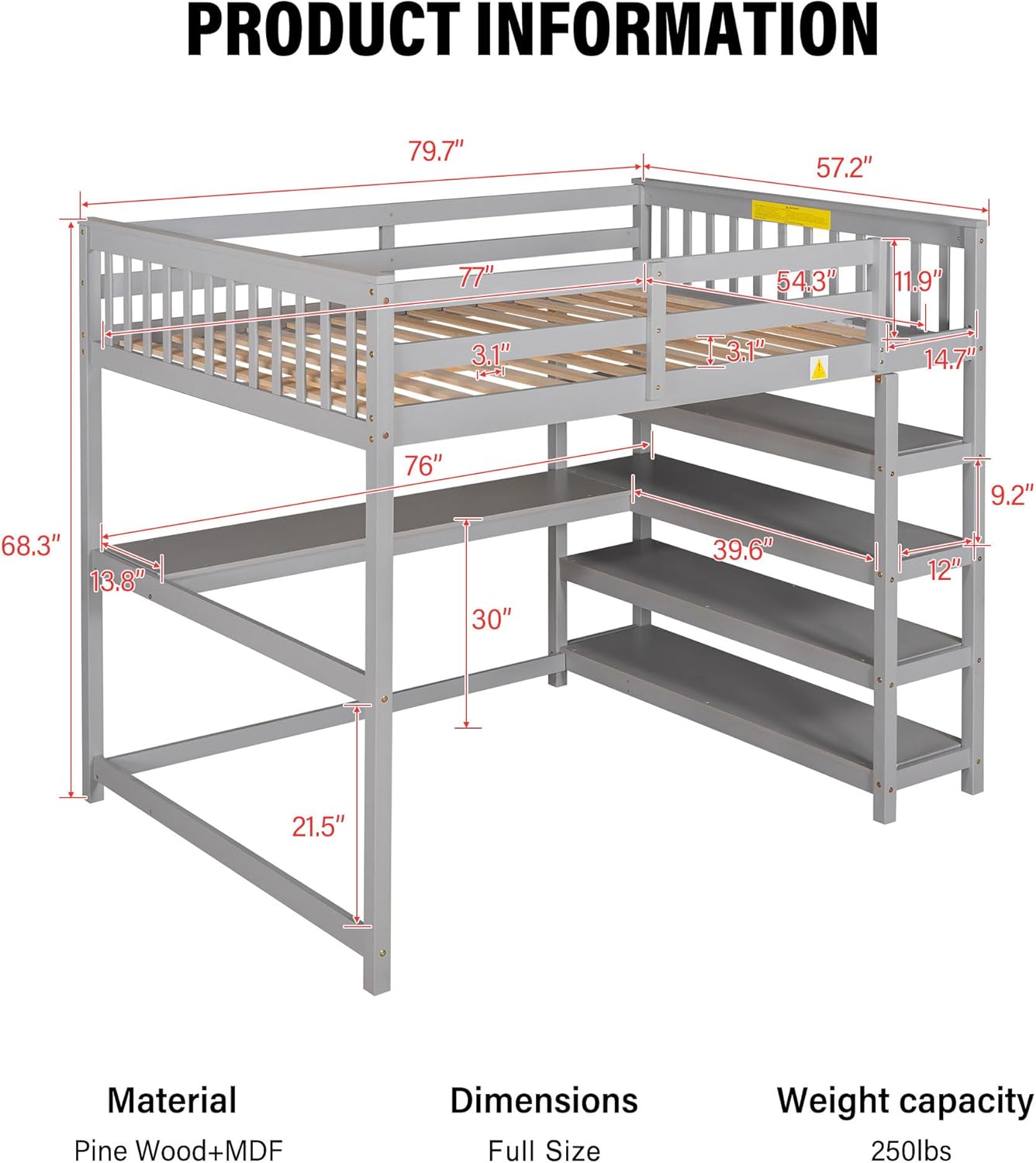 Diagram showing dimensions of the Merax Loft Bed