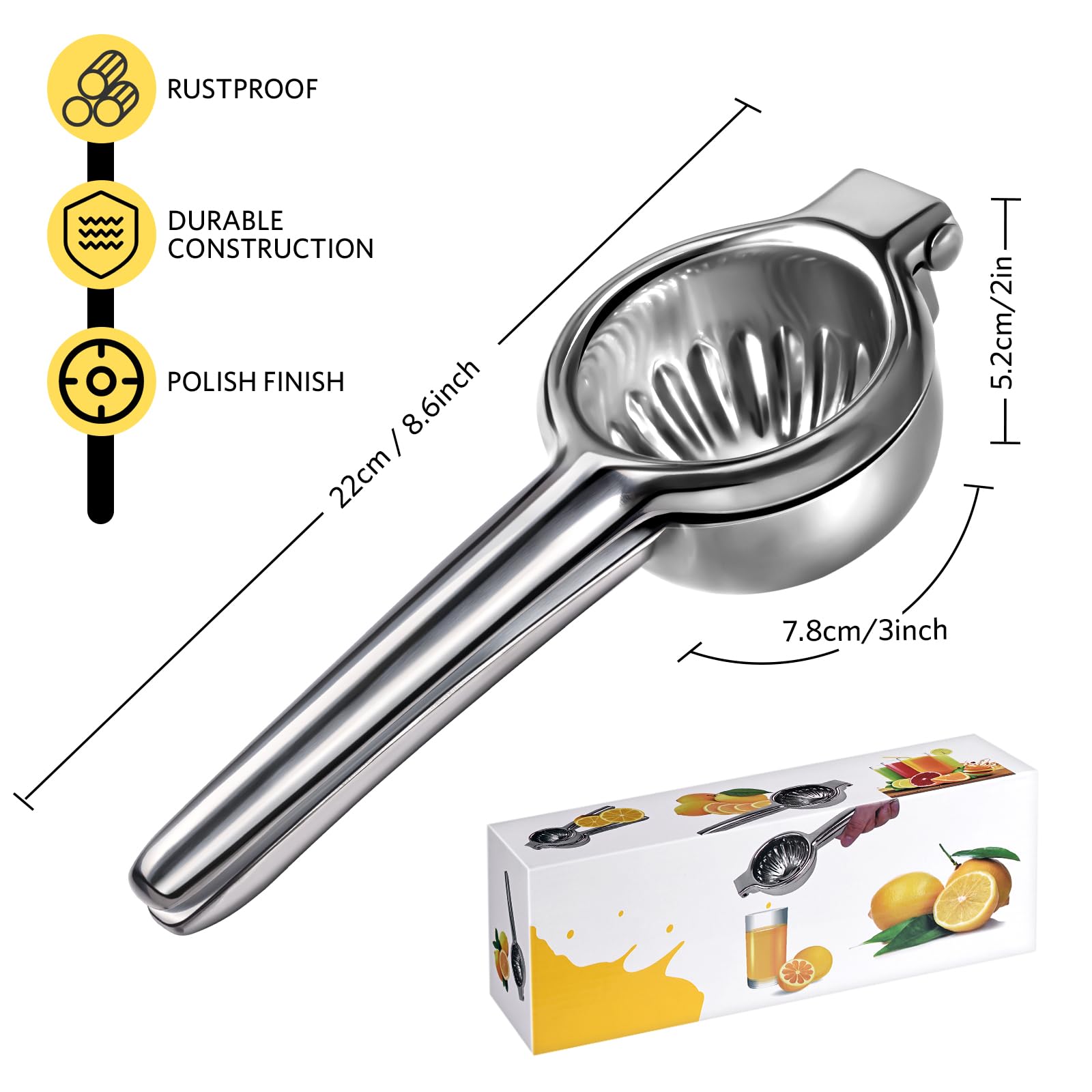 Spremi Limone, Sopito Spremiagrumi Manuale Acciaio Inox Robusto e Anti-Caustico Spremiagrumi Manuale per Cucina, Bar e Ristorante, 7cm di Diametro