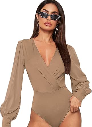 GORGLITTER Damen Body Langarm - Eleganter Criss Cross Bodiesuit Mit Stehkragen