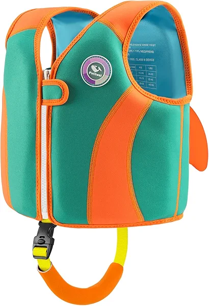 Pottwal Swim Vest for Kids - Swim Jacket for 1-2 Years (24-33LBS) - Buoyancy Aid Made of Neoprene & EPE - with Adjustable Crotch Strap Orange Green Medium