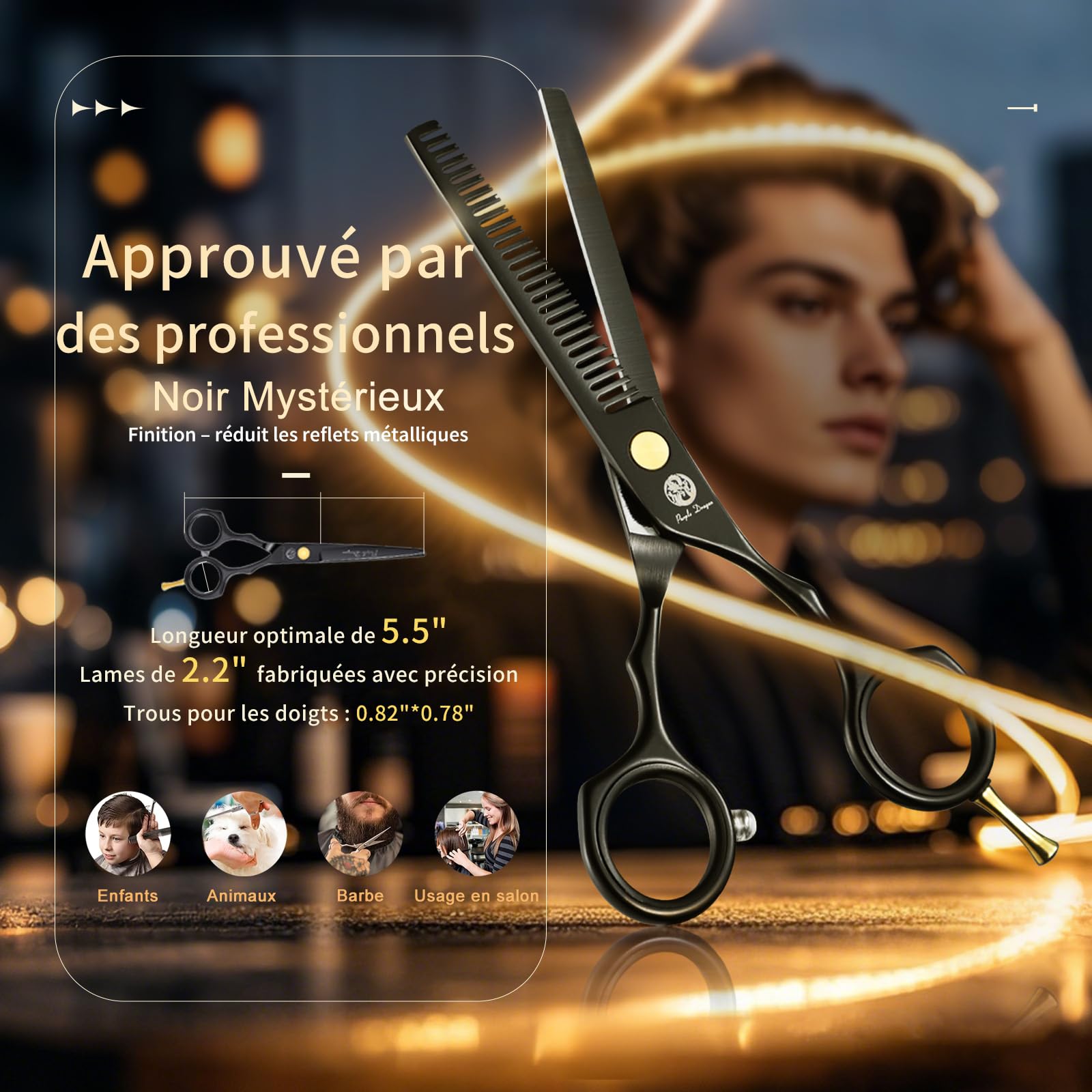 Kit de Ciseaux de Coiffure Professionnel Noir Ciseaux Coiffure 5,5 pouces Inox Peigne Rasoir Acier Ciseaux Coiffure Desepaissir Ciseaux Cheveux Coupe Frange Barbe pour Coiffeur Homme Enfant