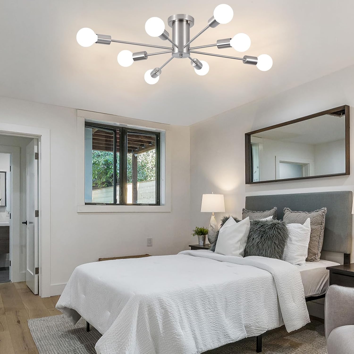 Nickel 8-Light Geometric Sputnik Semi Flush Mount Chandelier