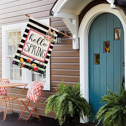 Miniatura 8 de Bandera de jardín de flores de Hello Spring de 12 x 18 pulgadas, arpillera de doble cara exterior, letrero de conejo floral de temporada, decoración