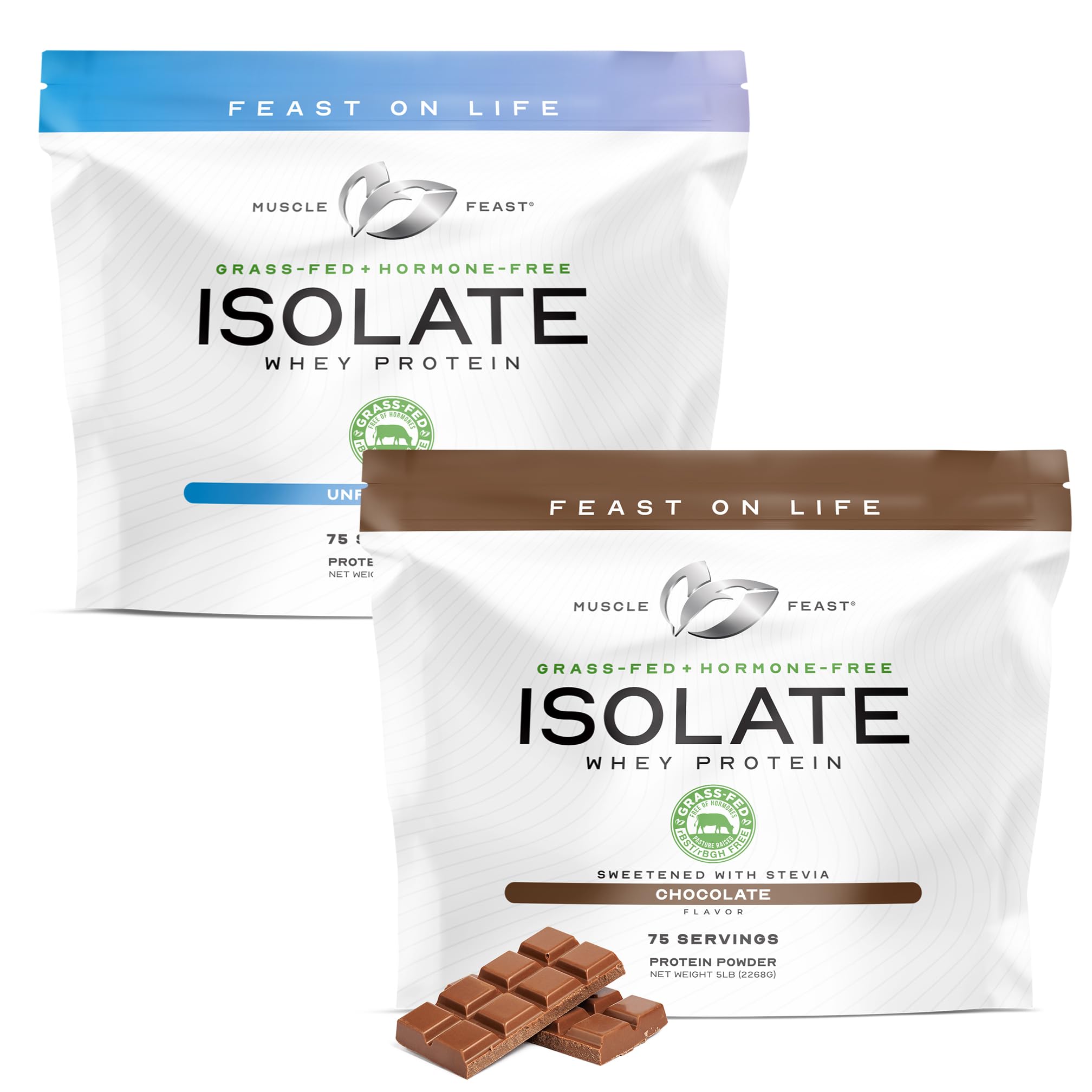 Muscle Feast Bundle – Grass-Fed Whey Protein Isolate Unflavored 5lb (1 Unit) + Grass-Fed Whey Protein Isolate Chocolate 5lb (1 Unit), All Natural Hormone-Free P