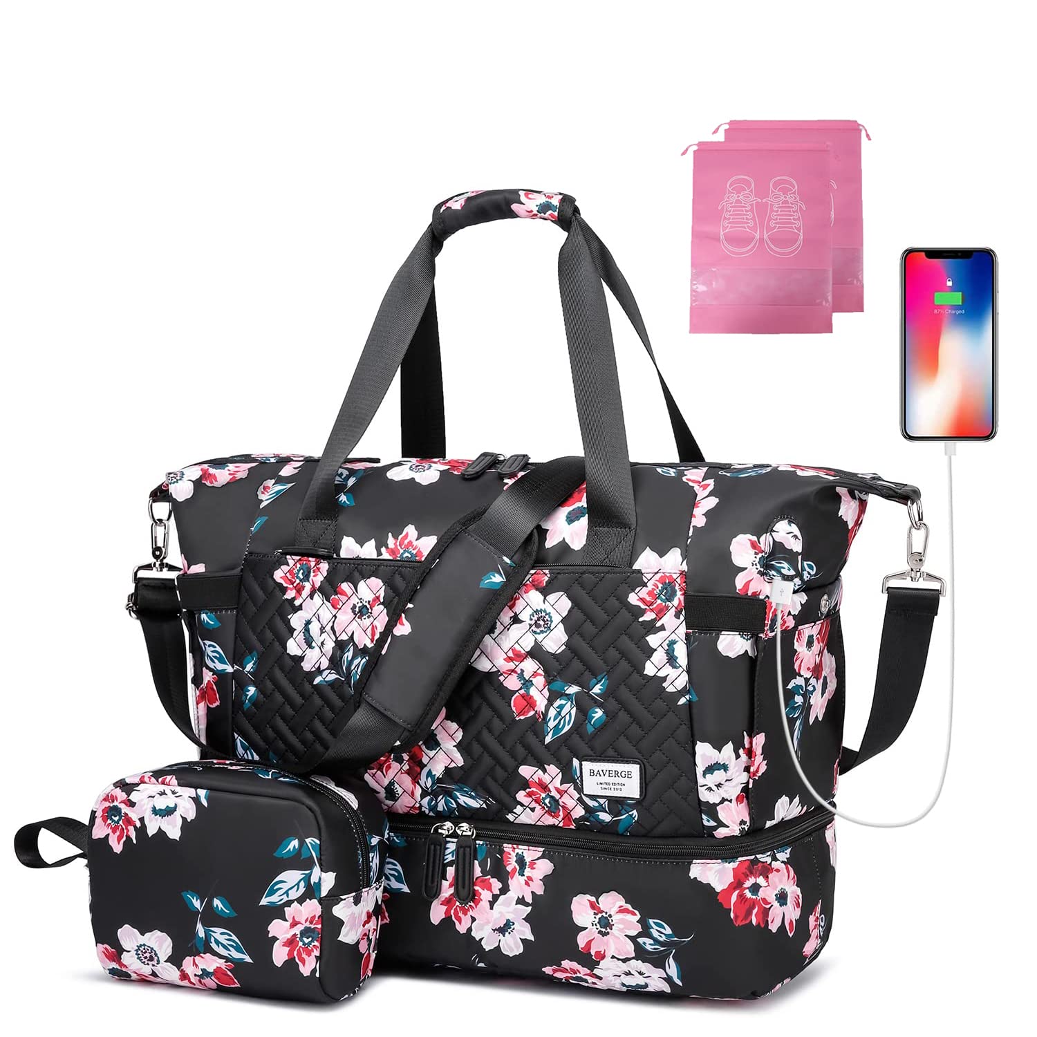 BAVERGETravel Duffel Bag for Women, Gym Tote Bag with Shoe Compartment & Wet Pocket, Lightweight Holdall Luggage Bag, Weekend Bag with Trolley Sleeve for Vacation, Dance (Black Flower)
