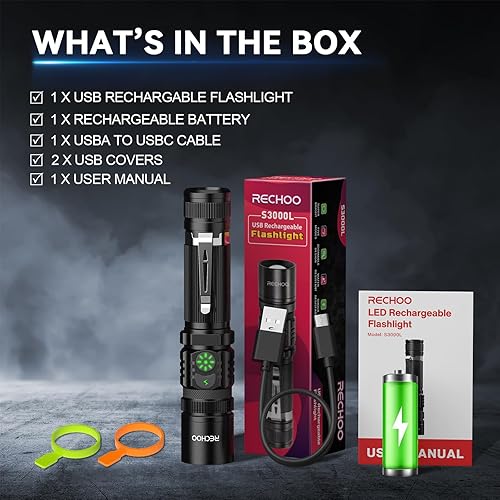 Miniatura 7 de RECHOO Linterna recargable de alto lúmenes, linterna LED recargable de doble interruptor, 1 paquete, foucs ajustables, 5 modos de iluminación