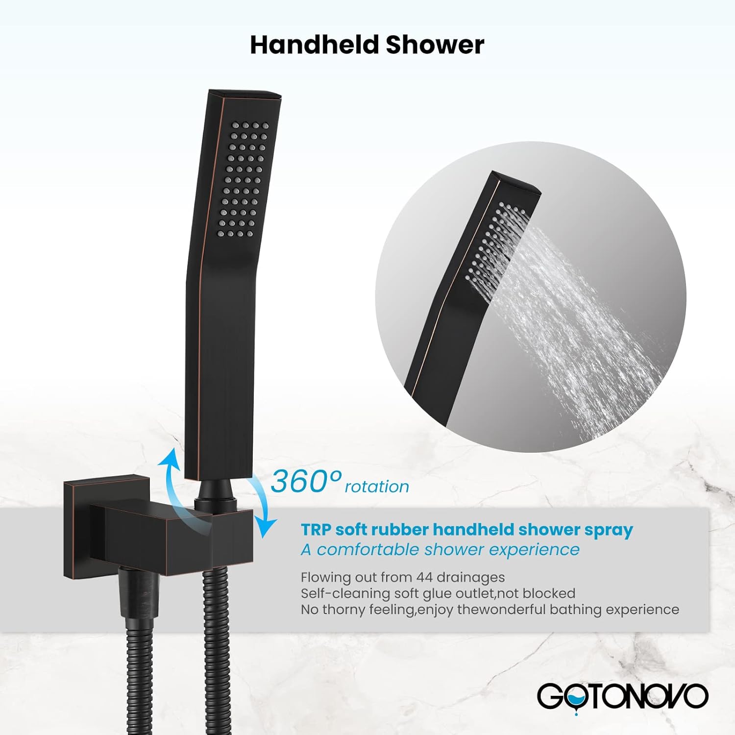 gotonovo Oil-Rubbed Bronze Solid Brass Hand Held Shower Head Wall Mount Square Single Function With Wall Connector and Hose Handheld Showerheads Set