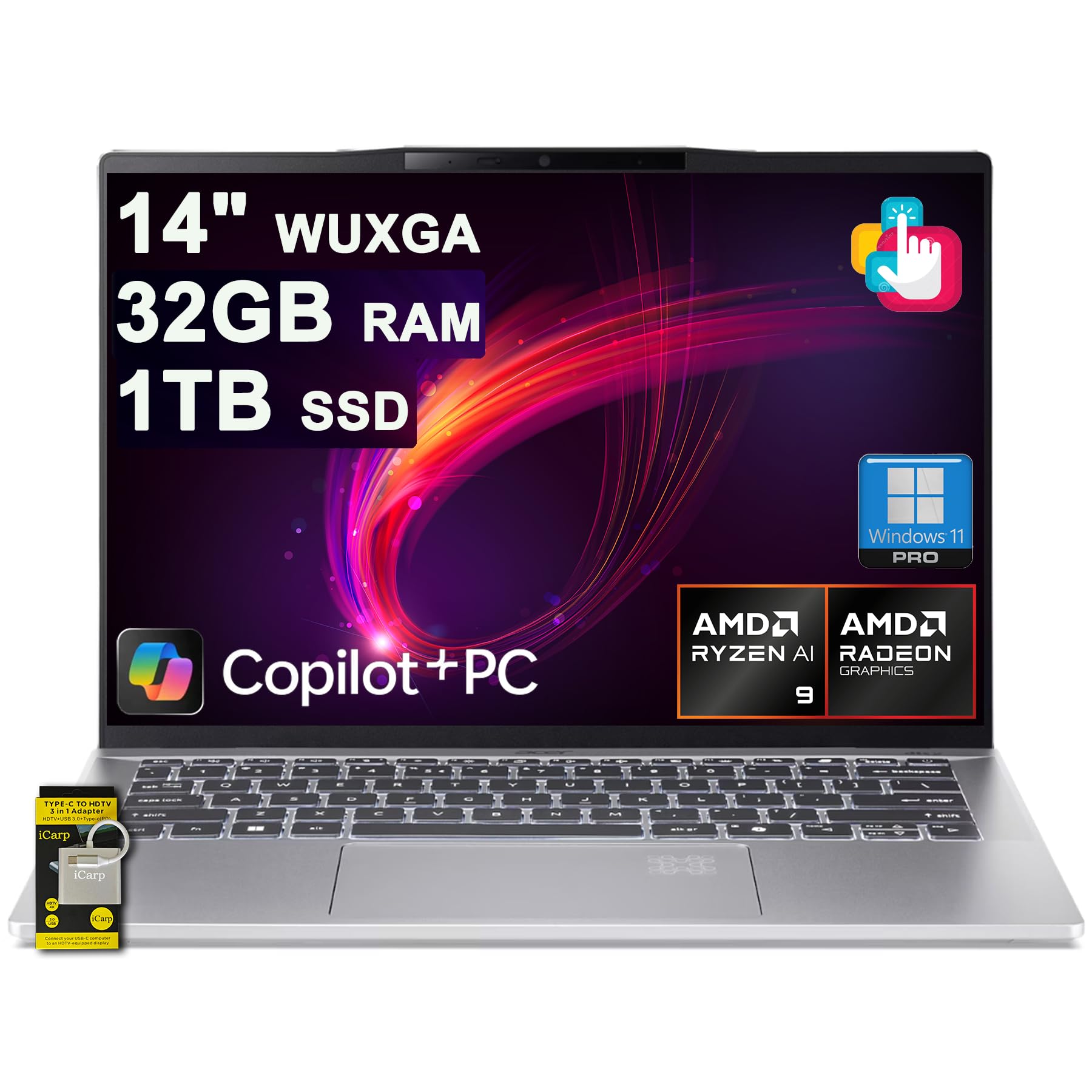 acer Swift 14 AI Portable Laptop 14" WUXGA Matte Touch AMD 10-core Ryzen AI 9 365 (Up to 50 NPU Tops - Up to 73 GPU Tops) 32GB DDR5 1TB SSD for