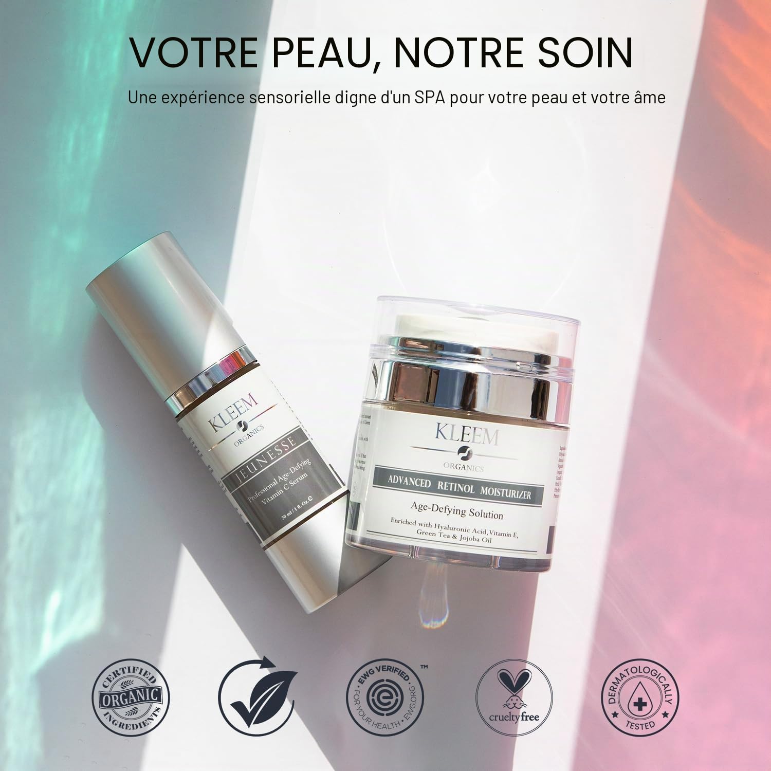 Pack Soin Visage : Crème au Rétinol et Sérum à la Vitamine C - Anti-Âge, Anti-Rides, Hydratant - Réduit les Taches, Éclaircit et Raffermit la Peau - Soins du Visage Professionnels