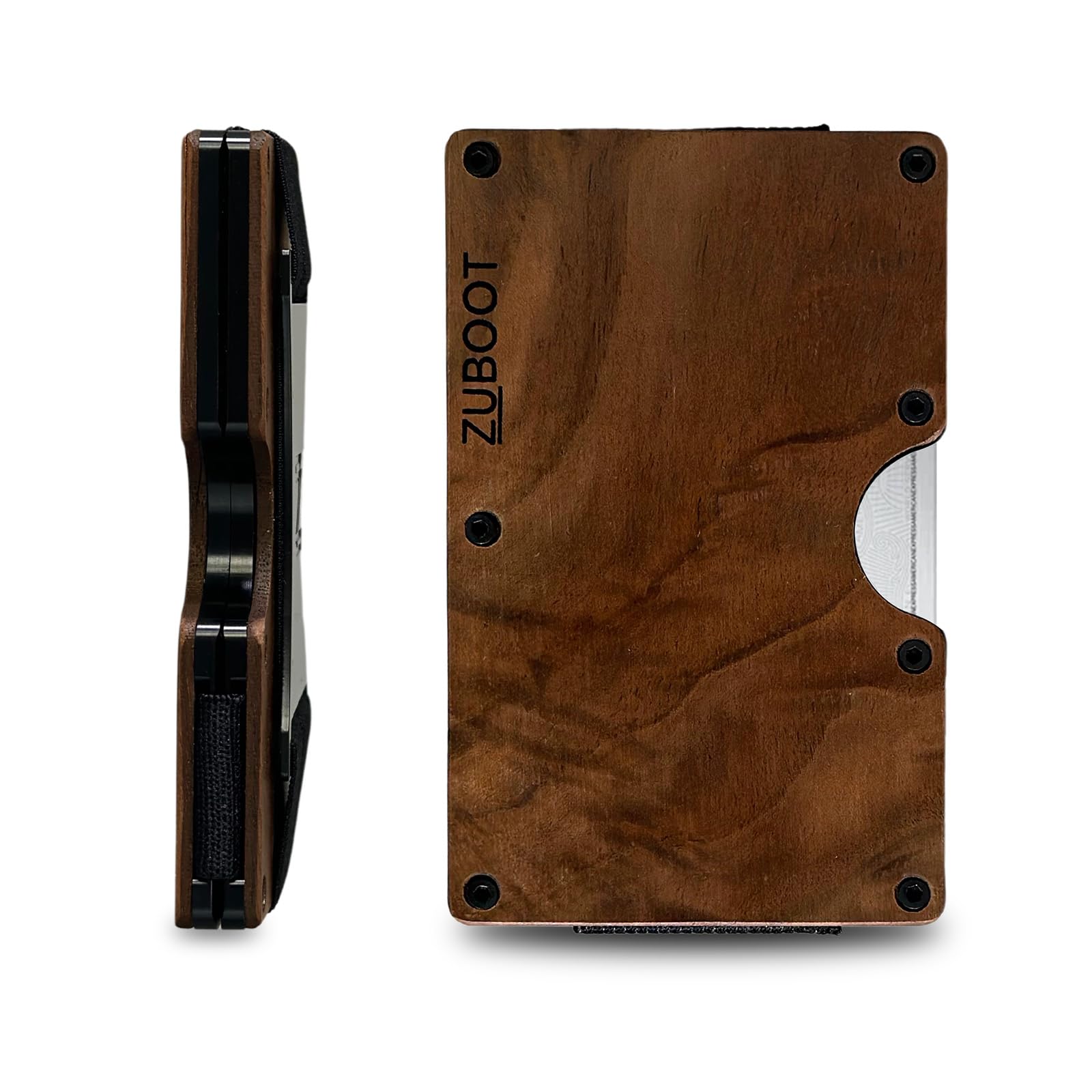 Wood RFID Wallet for Men – Slim Minimalist Card Holder with Cash Strap – Durable Front Pocket Wallet (Brown Wood Strap)