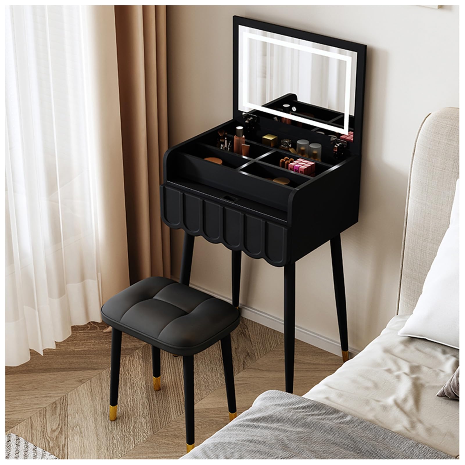 asdchZen Lighted Vanity Desk With Flip Top Mirror, 5 Storage Compartments, Makeup Table & Writing Desk Set With Upholstered Stool-Stylish Black, 60X40X78Cm,Black-60x40x78cm