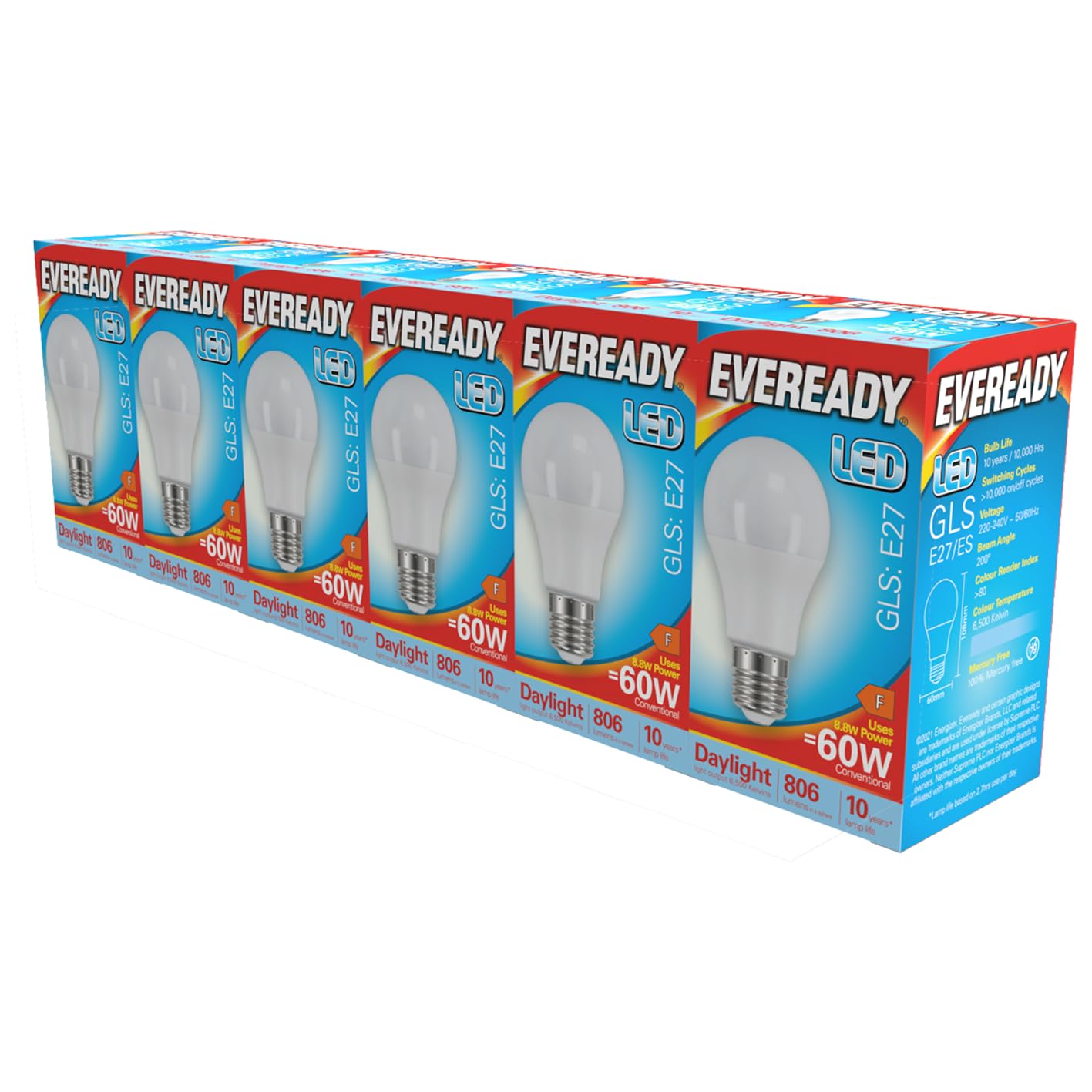 Eveready GLS E27 LED Bulb 8.8W Replaces 60W Daylight (6500k) 806 Lumens Non-Dimmable Light Bulb. Pack of 6 Bulbs
