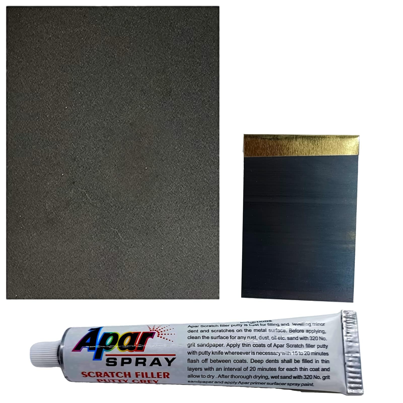 Scratch Filler Putty Tube Grey (50 gms),1 Putty Spatula and 320 Grit Sandpaper to Fill Scratches and Dent on Car, Bike, etc.