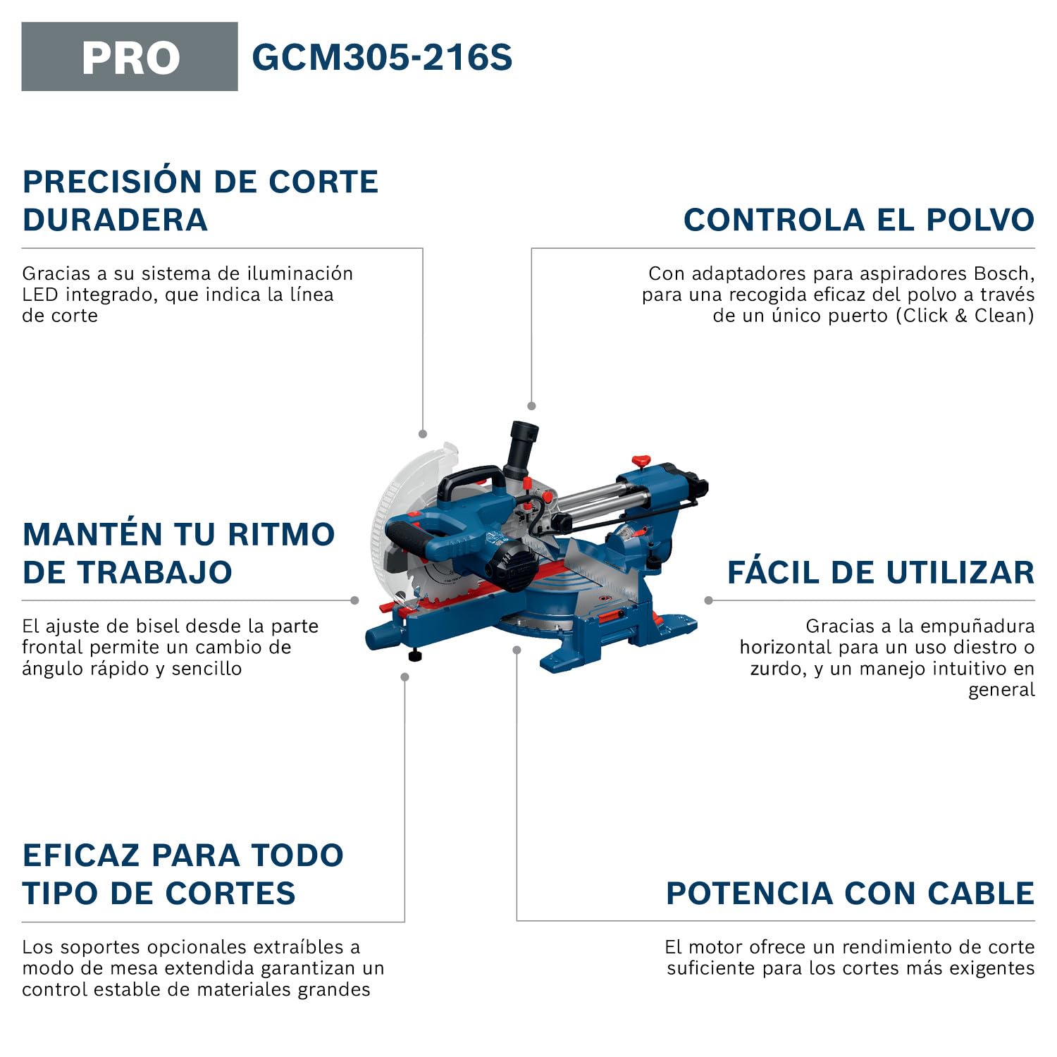 Bosch PRO Ingletadora telescópica GCM305-216S (incl. 2 cuchillas, 2 extensiones, regla de medición, pinza, bolsa para polvo y llave)