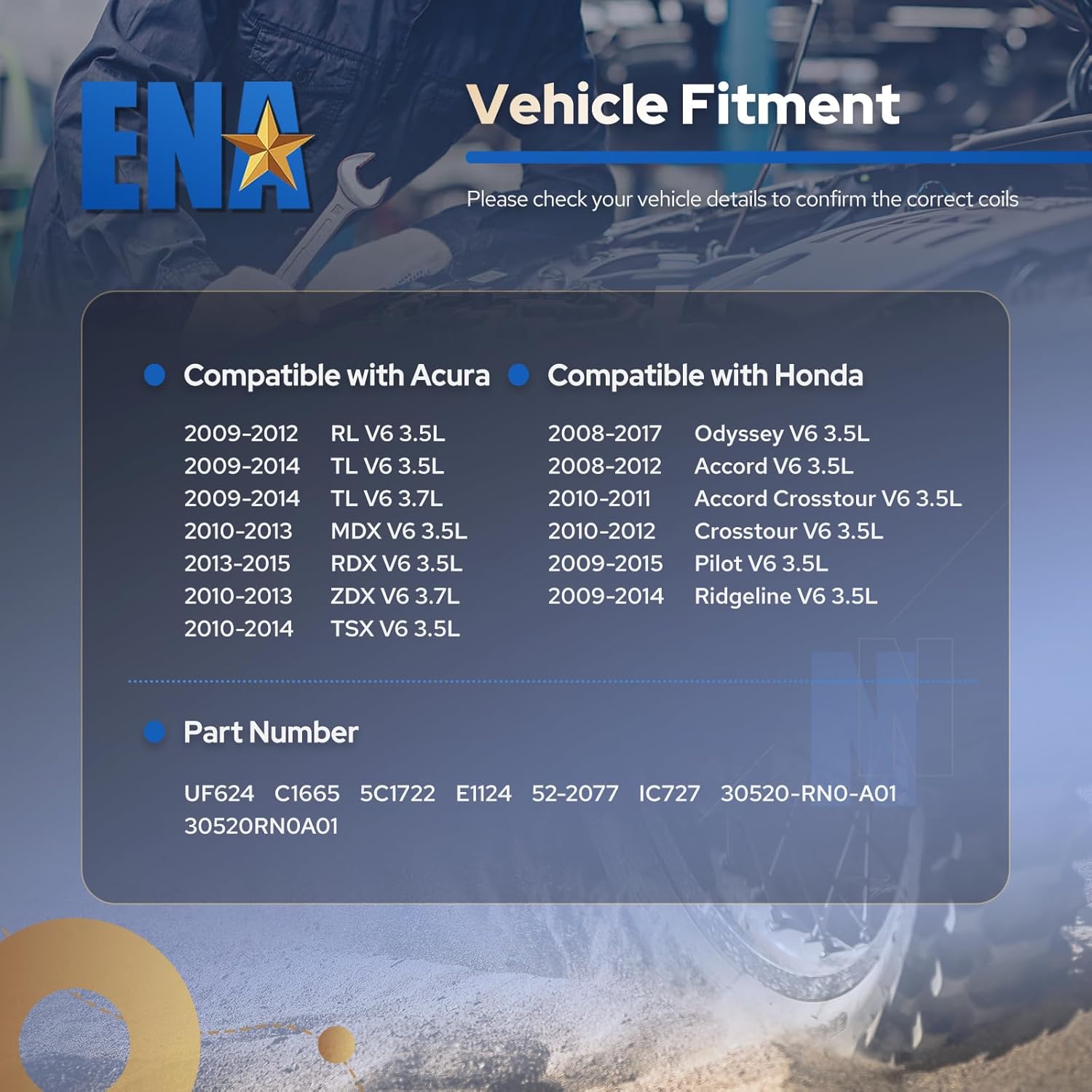 ENA Set of 6 Red Ignition Coil Pack 2008 2009 2010 2012 2013 2014 2015 2016 Compatible with Acura Honda Odyssey Pilot Ridgeline Acura RDX RL TL MDX ZDX 3.5 3.7 Coils for UF624 30520RN0A01 C1665