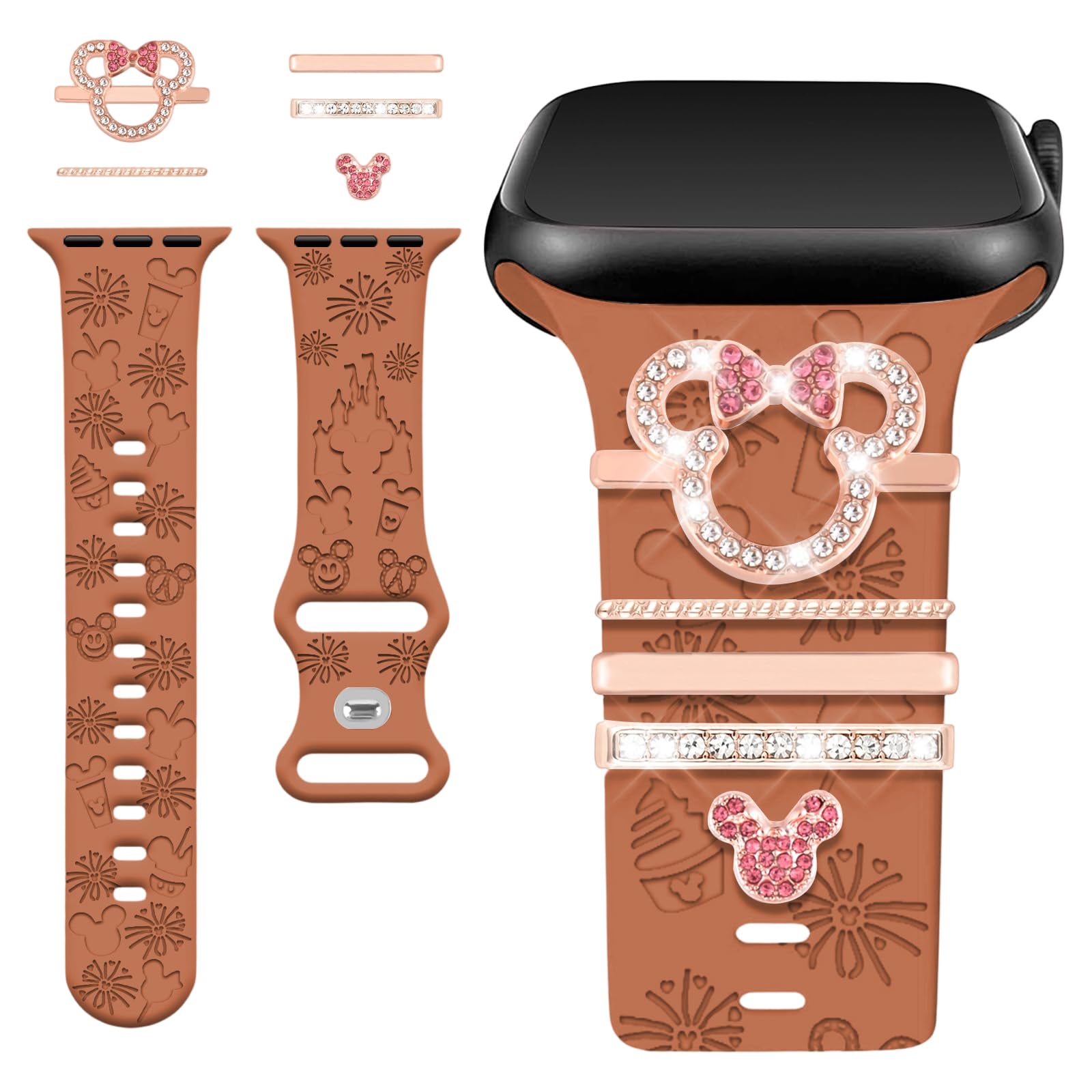 Cute Cartoon Engraved Band with Charms for Apple Watch Series | Silicone,Sport Strap,Decorative Ring,Women,For Apple Watch 38/40/41/42/44/45/46/49mm iWatch S11 10 9 8 7 6 5 4 3 2 1 SE Ultra