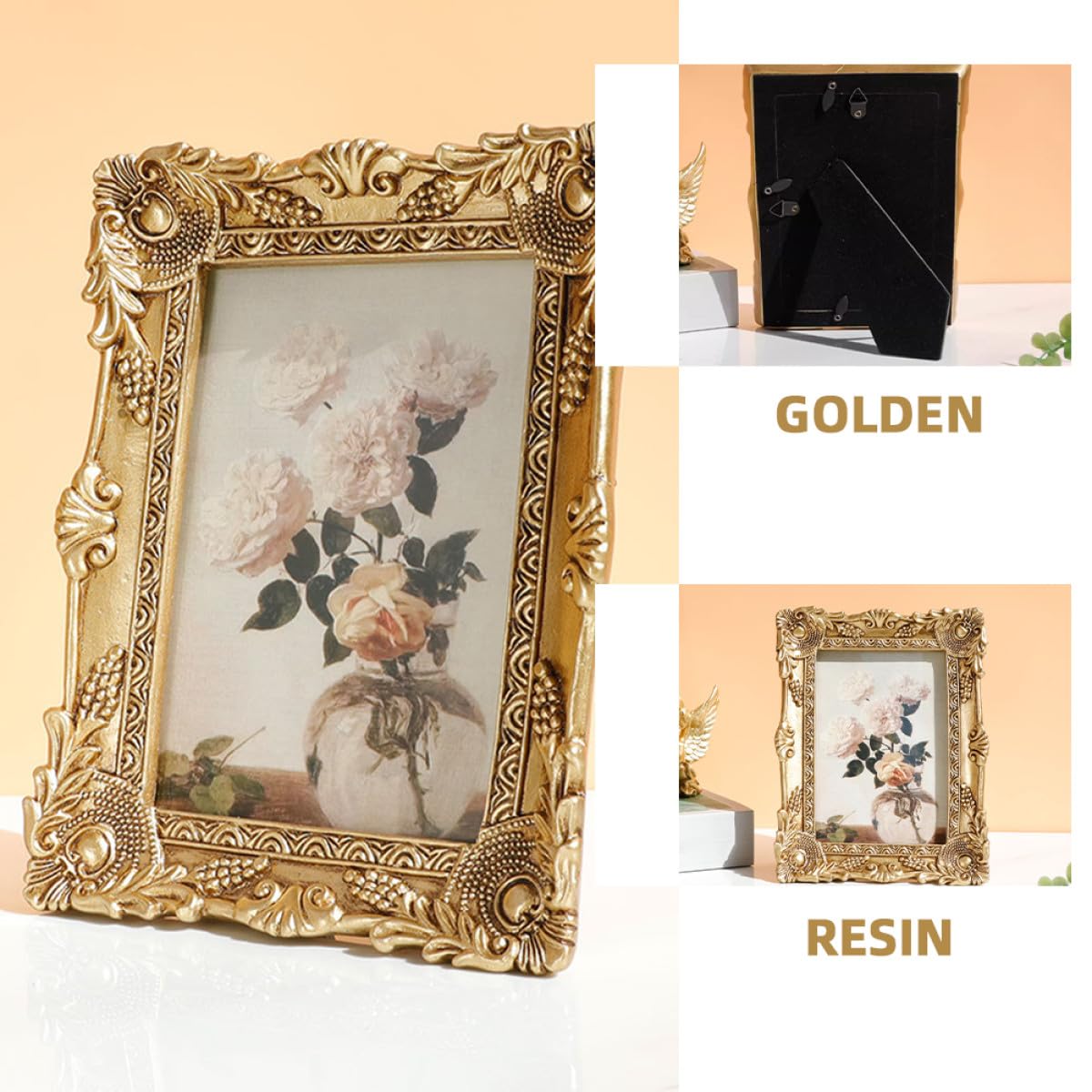 Marco de Fotos Dorado de Resina Estilo Europeo Elegante y Práctico para Decoración de Escritorio y Oficina Diseño Clásico y Antiguo
