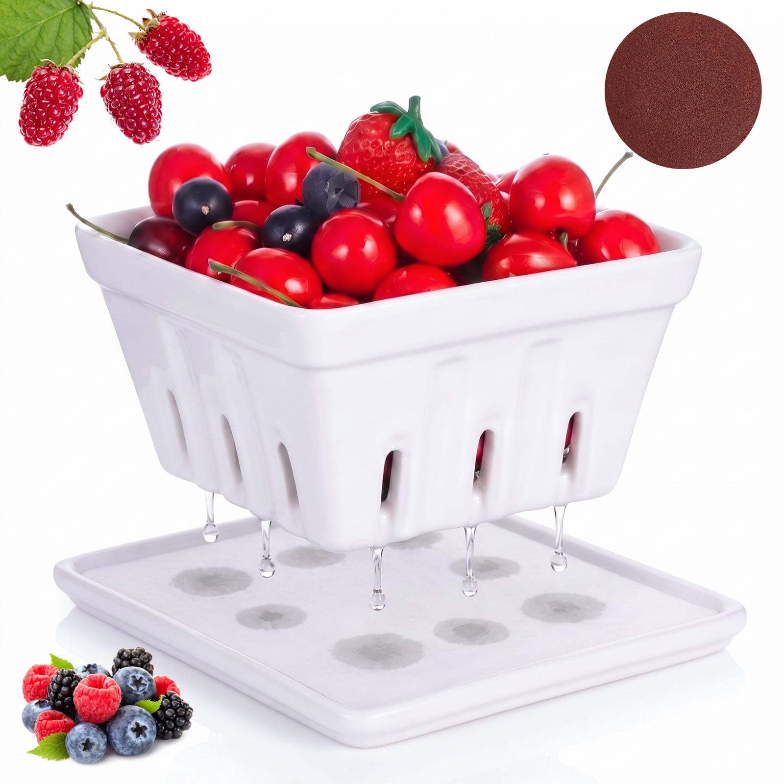 LemonRoad Ceramic Candy Berry Basket with Coaster Lid, Quick Drying, White