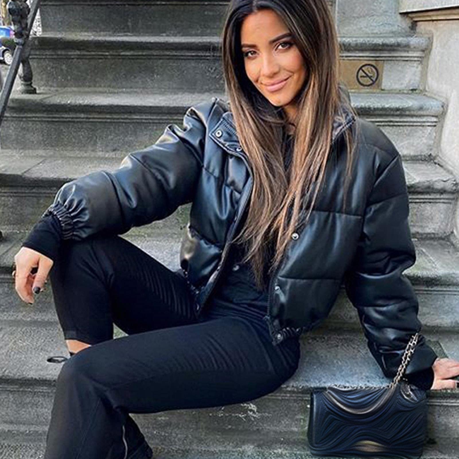 Invierno Grueso cálido Parkas Cortas Mujeres Moda PU Cuero Abrigos Damas Elegantes Cremallera Chaquetas de algodón-Black,XS