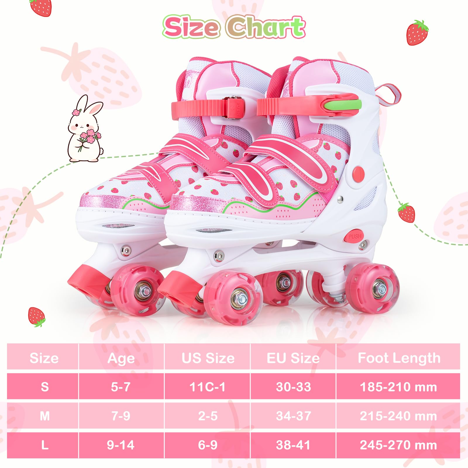 HOMASIS Rollschuhe mit 4 Verstellbarer Größen, Roller Skates mit leuchtenden LED Rädern, Quad Skates für Mädchen, Jungen & Anfänger, Rollerskates, Kinderrollschuhe für Innen- & Außenbereich, Rosa