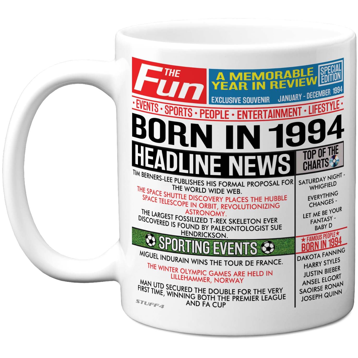 Stuff4 32nd Birthday Mug Gift for Men Women - Born in 1994 Newspaper - Happy 32 Birthday Gifts for Brother Sister Friends Vintage Retro Back in 1994 Age 32 Bday, 11oz Ceramic Coffee Mugs