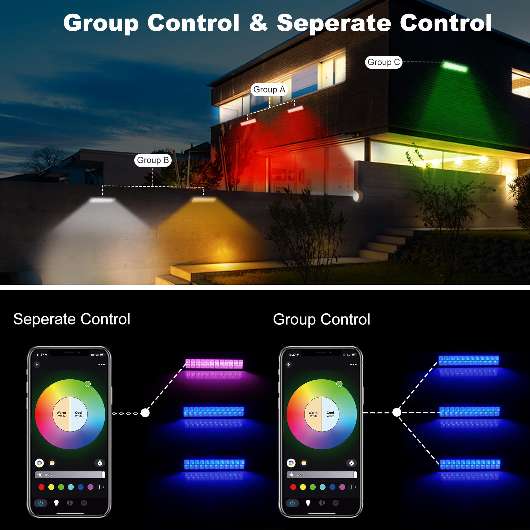 NATPOW Projecteur RGB LED Extérieur 72W, Barre Lumineuse avec Application Bluetooth et Télécommande, Étanche IP65 Lumière Extérieure LED, Lampe Changeant de Couleur pour Fête, Jardin, Patio, 2 Pièces
