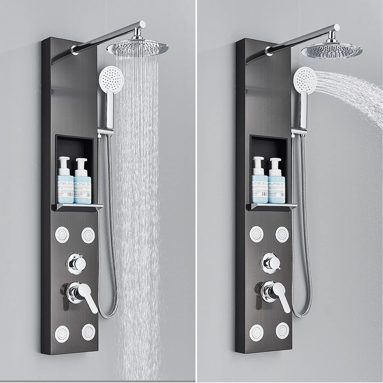 Shower Panel Black, Shower Suit with Storage Rack, Rainfall Shower Faucet Set SPA Massage Jet Bath Shower Column Double Handle Mixer Tap Tower