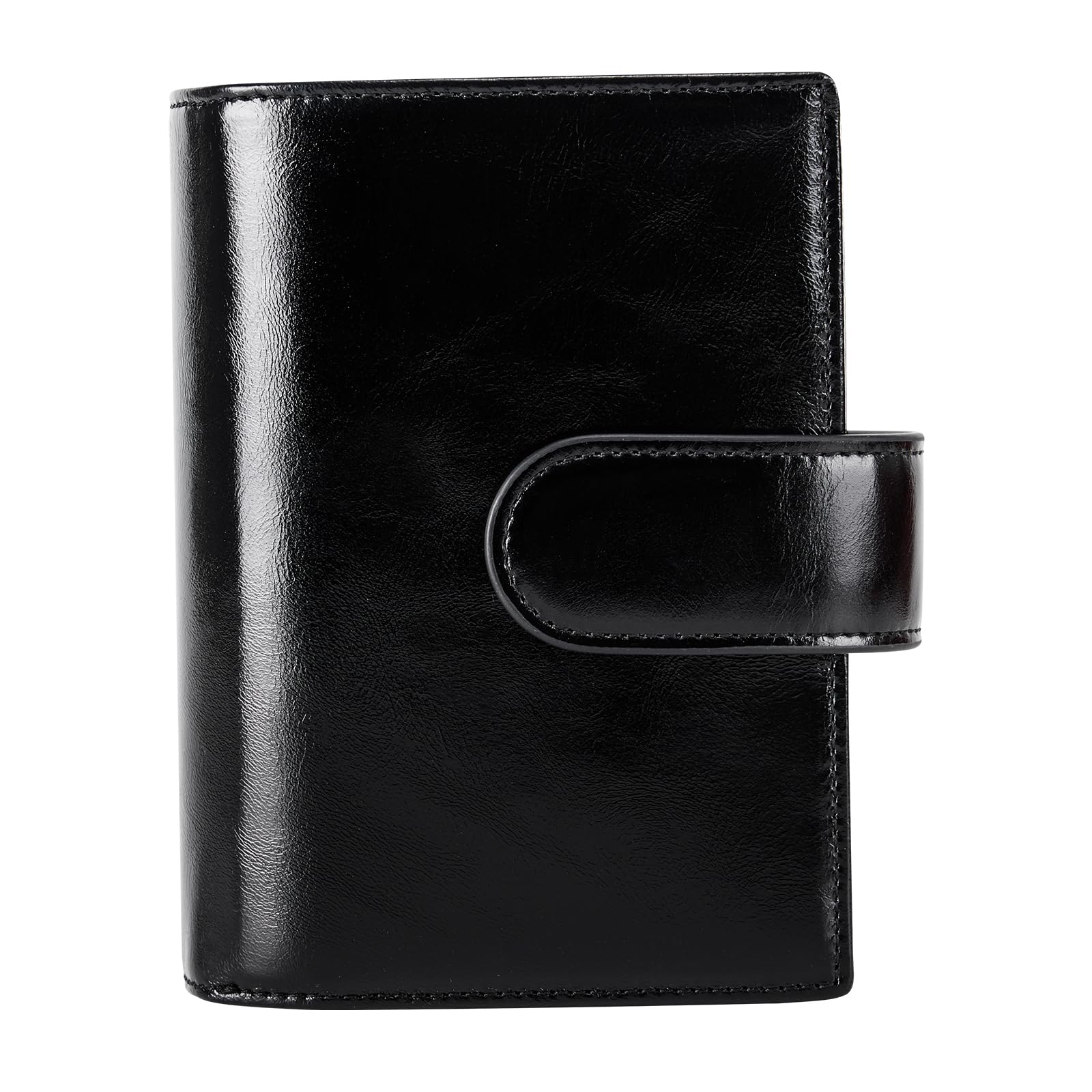 Agenda tascabile in pelle, raccoglitore a 6 anelli con foglia, anello dorato da 25 mm, pelle cerata ad olio (nero)