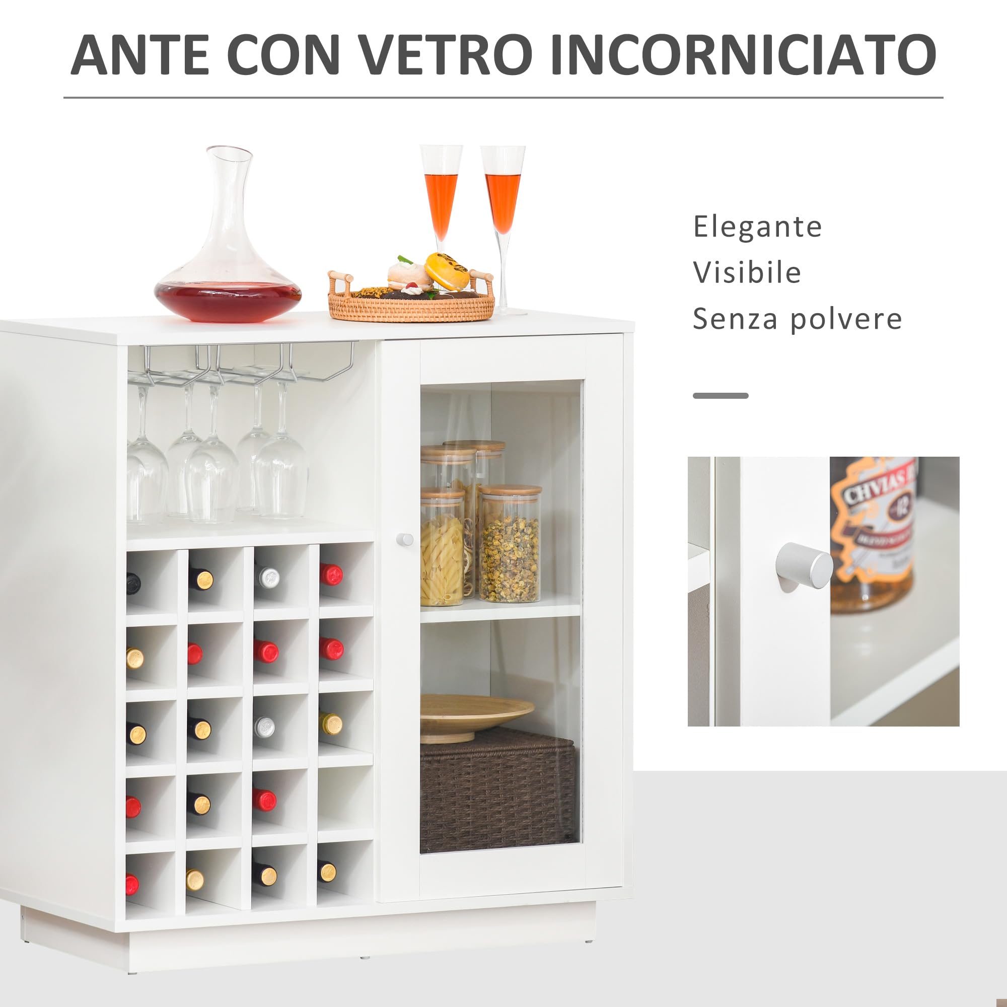 HOMCOM Mobile Portabottiglie per 20 Bottiglie, Porta Vini con Anta in Vetro, Cantinetta Portabottiglie con Porta Calici e Armadietto, 80x36x85 cm, Bianco