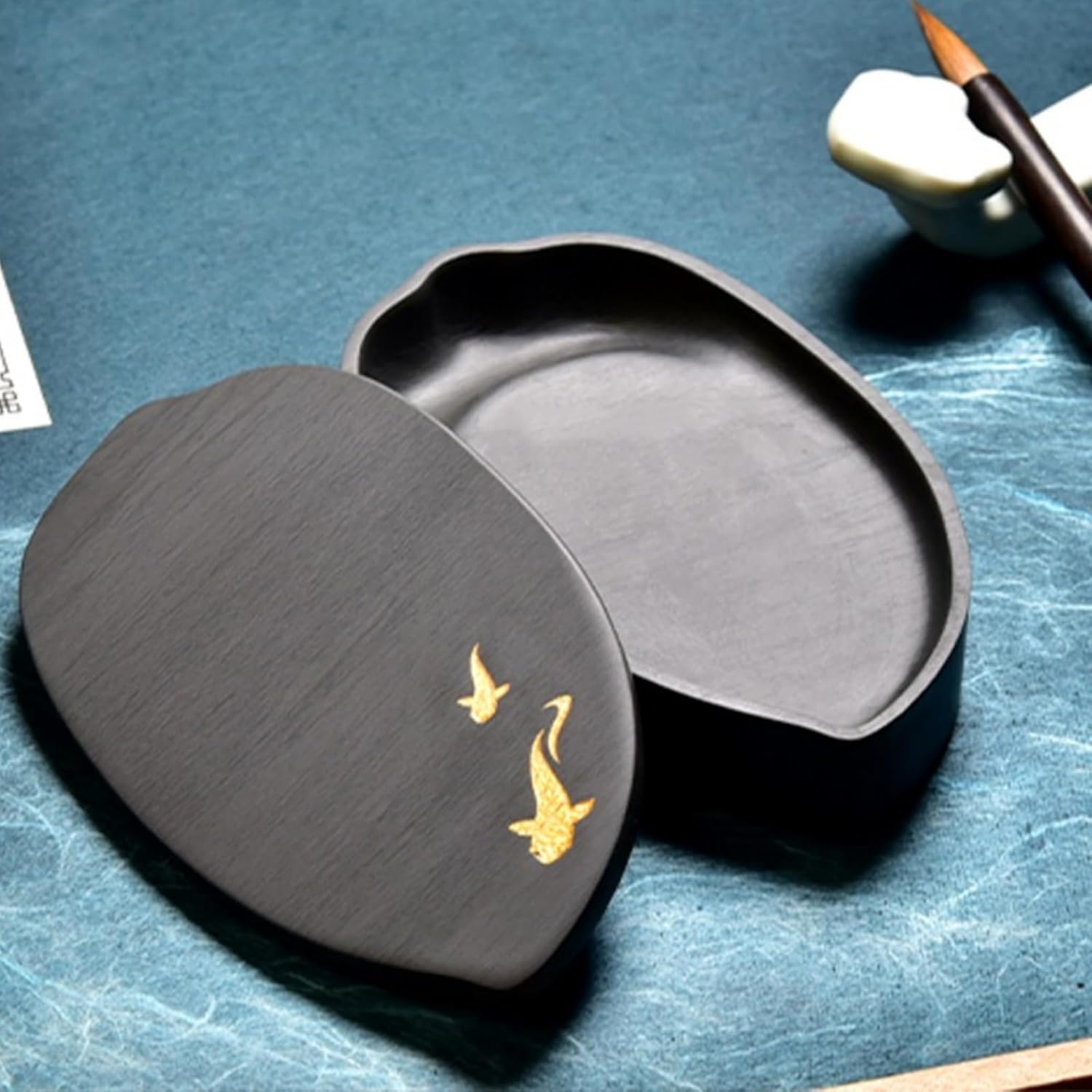 硯 硯石 天然原石 墨池 すずり 円形 蓋付き 書道 本石 文鎮 朱硯 書き初め 書写 習字 写経 墨汁 墨液 インク 朱墨 固形墨