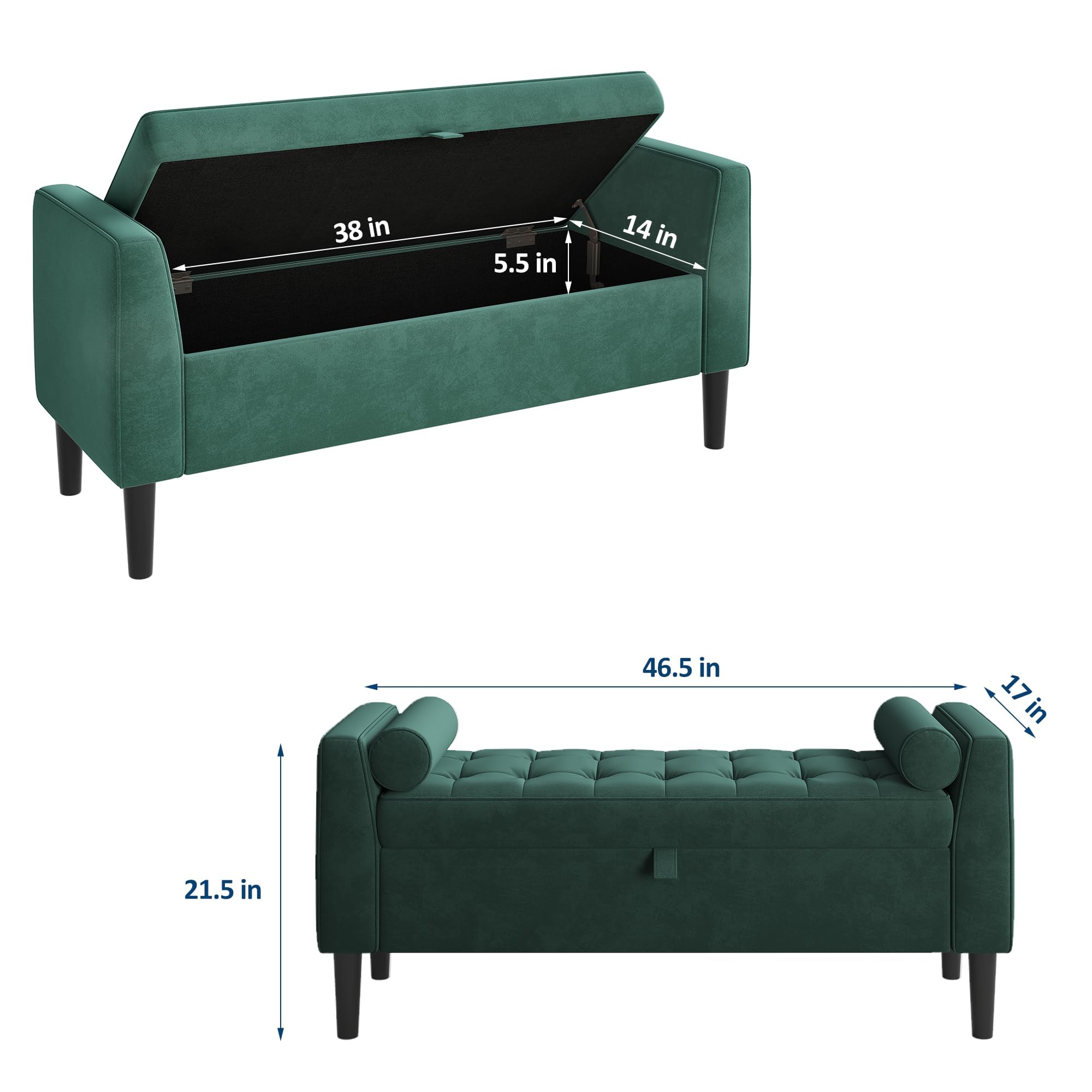 Sitzbank mit Stauraum (118cm), Polsterbank & Sitztruhe aus Samt mit Armlehnen und Holzbeinen, Truhenbank als Schuhbank, Bettbank & Garderobenbank für Flur, Schlaf- & Wohnzimmer (Grün)