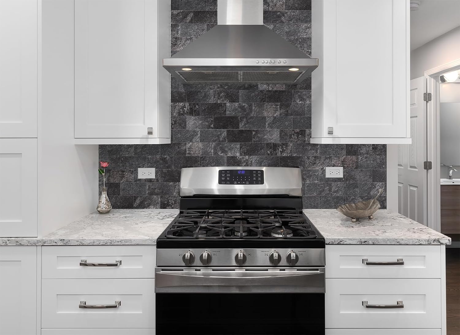 StyloVue 100 Pieces Peel and Stick Backsplash for Kitchen, 3" x 6" PVC Subway Tile 2026 Upgraded Graphite Stone Backsplash Stick on Tile Elevate Kitchen Fireplace RV