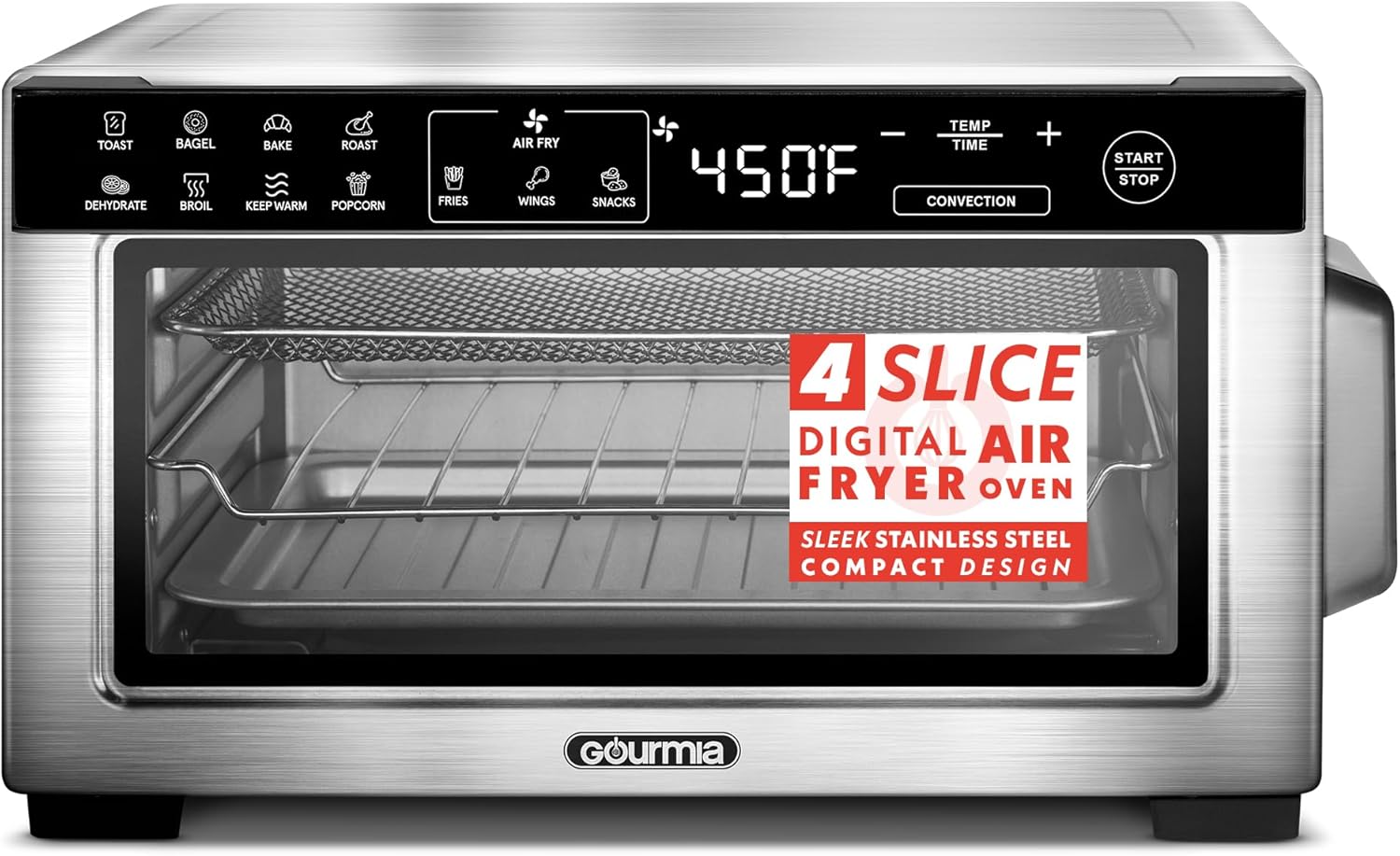 Gourmia Toaster Oven Digital Air Fryer - Convection Mode with 4 Slice Capacity, 3 Rack Positions, 12 Presets, Toast, Bagel, Bake, Roast, Broil, Dehydrate, Popcorn, Fits 9" Pizza, Stainless Steel