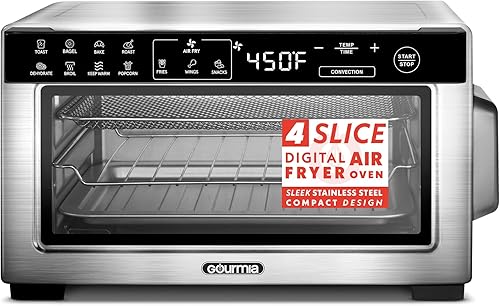 Gourmia Freidora de aire digital para horno tostador, modo de convección con capacidad de 4 rebanadas, 3 posiciones de rack, 12 ajustes