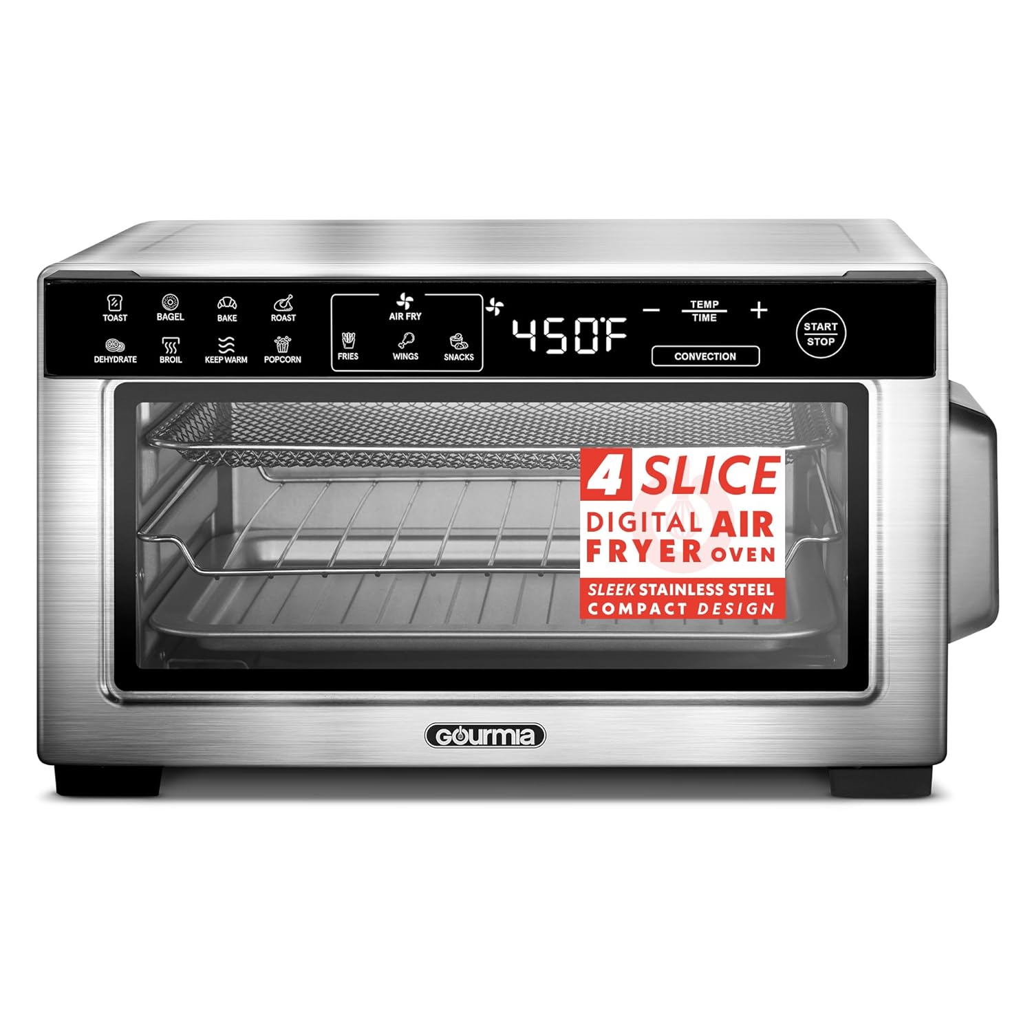 Gourmia Toaster Oven Digital Air Fryer - Convection Mode with 4 Slice Capacity 3 Rack Positions 12 Presets