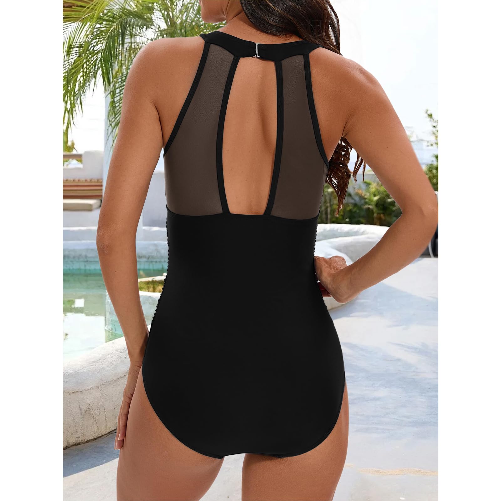 TcIFE Damen Badeanzug High Neck Bademode Ruched Bauchweg Badekleid Einteiliger Schwimmkleid Push-up Schwimmrock