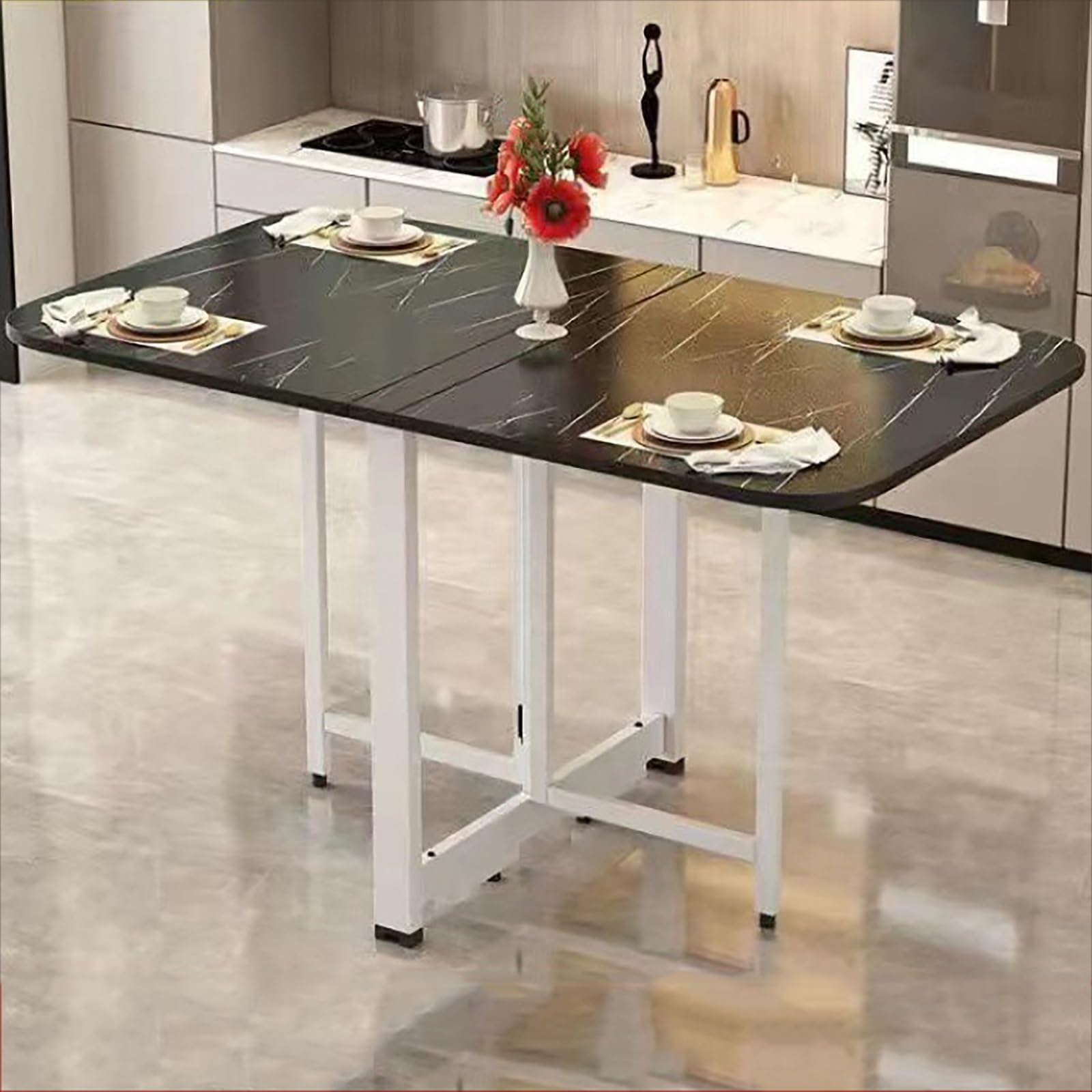 Modern Drop Leaf Dining Table with Folding Design Wooden Foldable Kitchen Table for Small Spaces Multipurpose Expandable Table for Kitchen and Living Room Space Saving Furniture with 3 Forms