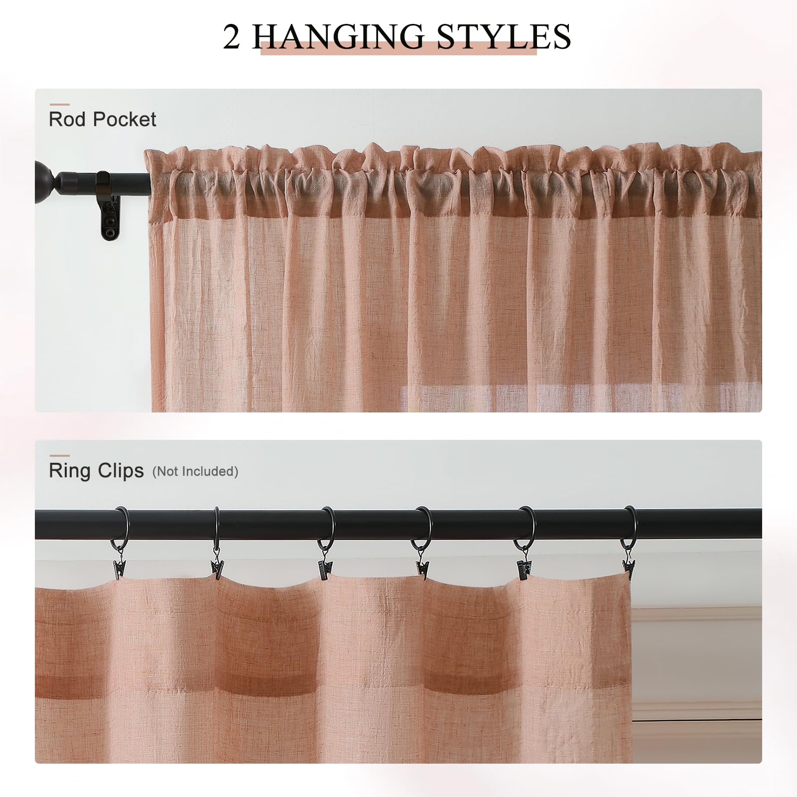 Melodieux Lot de 2 voilages Rose pâle de 160 cm de Long pour Chambre à Coucher, Rideaux élégants en Coton froissé et Lin froissé avec Passe-Tringle pour Salon, 132 x 160 cm (l x L), Rose pâle