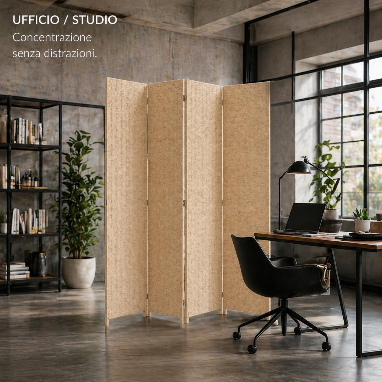 Separè da Interno 4 Pannelli 180X180h CM - Divisorio per Ambienti, in Plastica, Struttura in Legno, Motivo Intrecciato, Autoportante, per Soggiorno, Ufficio, Camera, Pieghevole - (Beige)
