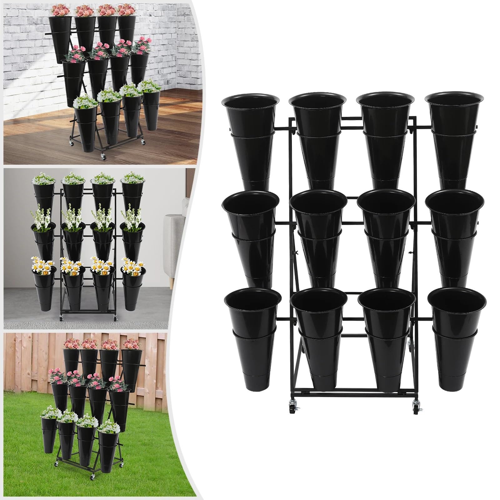 Erhöhungsgestell für Blumentöpfe 3-stöckiger Blumenständer | Blumenständer mit 12 Eimern, Tragkraft 30 kg, for Zuhause/Floristen/Gärten/Hochzeiten