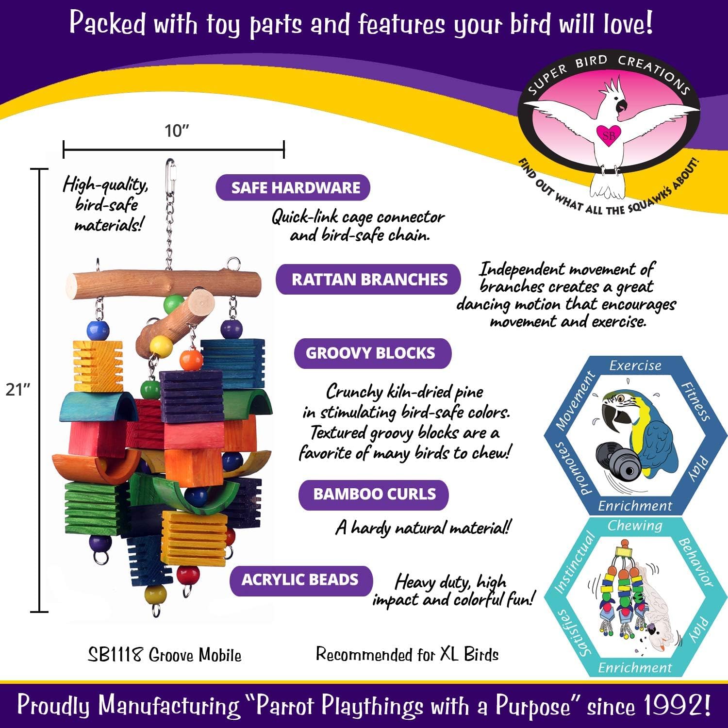 Super Bird Creations SB1118 Groove Mobile Bird Toy - Ideal for Cockatoos and Macaws - Perfect for Chewing, Entertainment, and Boredom Relief - Colorful Groovy Blocks - XL Bird Size, 21