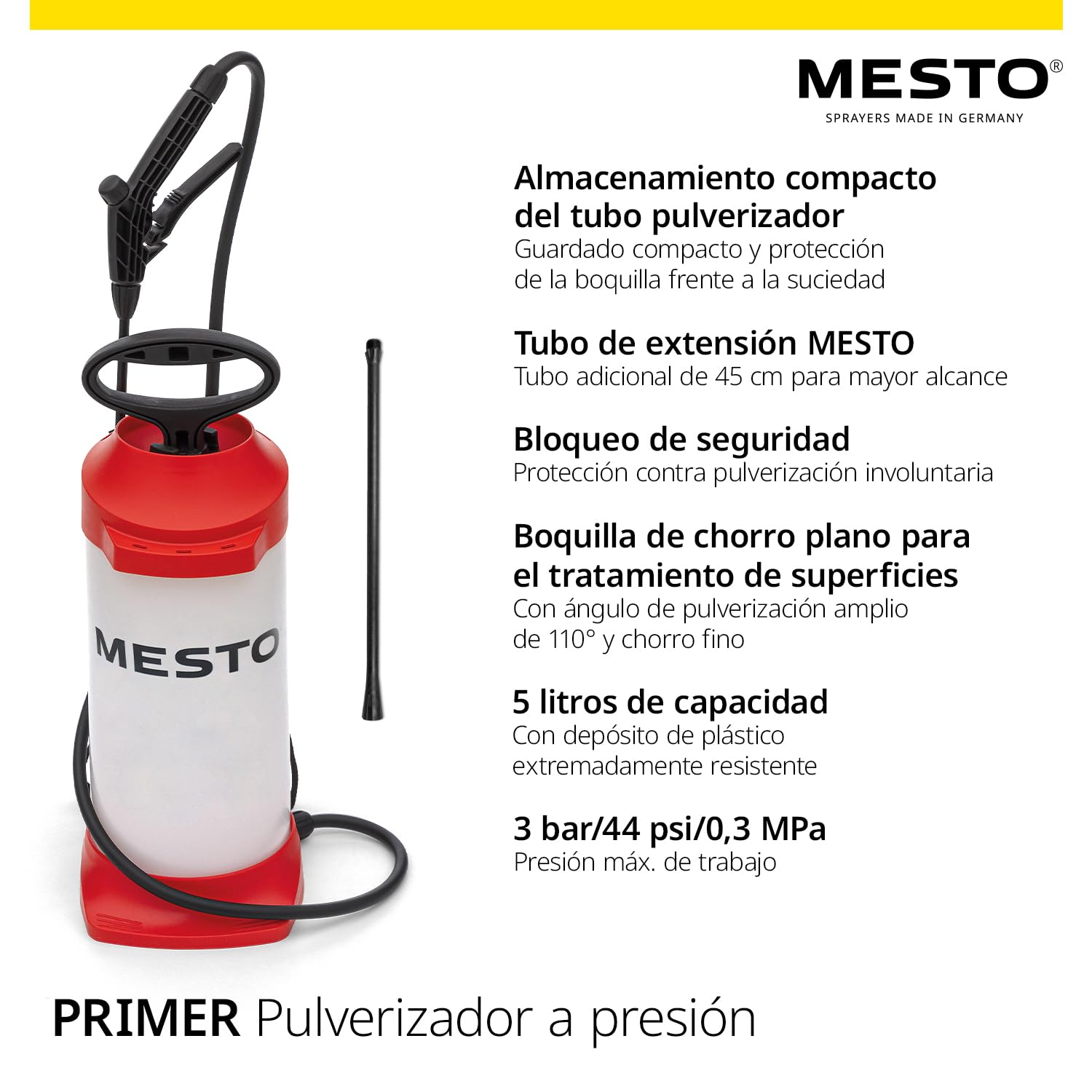 MESTO Primer Pulverizador a presión 5 L Set con Tubo de extensión 45 cm | Pulverizador Manual 3 Bar | Sulfatadora Manual para construcción y reformas | para imprimaciones y químicos de construcción