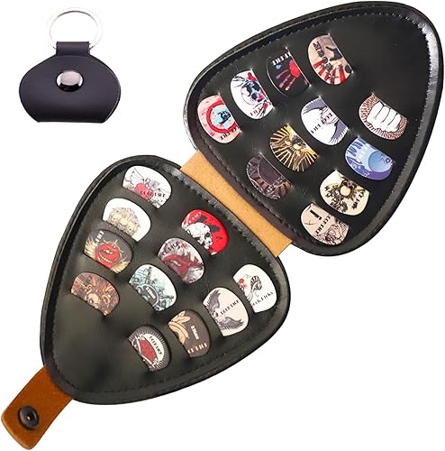 Funda para púas de guitarra con 22 púas, capa interior-exterior de cuero puro para almacenamiento, 22 ranuras de varios grosores, bolsa de púas de