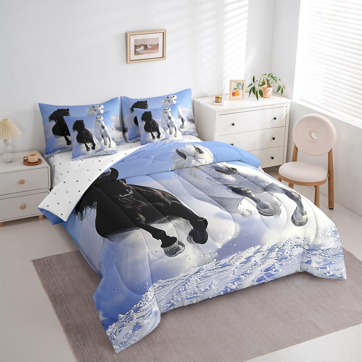 Feelyou Horse Print Comforter Set 7 Pieces Queen Size for Girls Boys Galloping Horse Bed in A Bag Decorative Wild Animal Themed Duvet Cover Wildlife Style Bed Set with Sheets