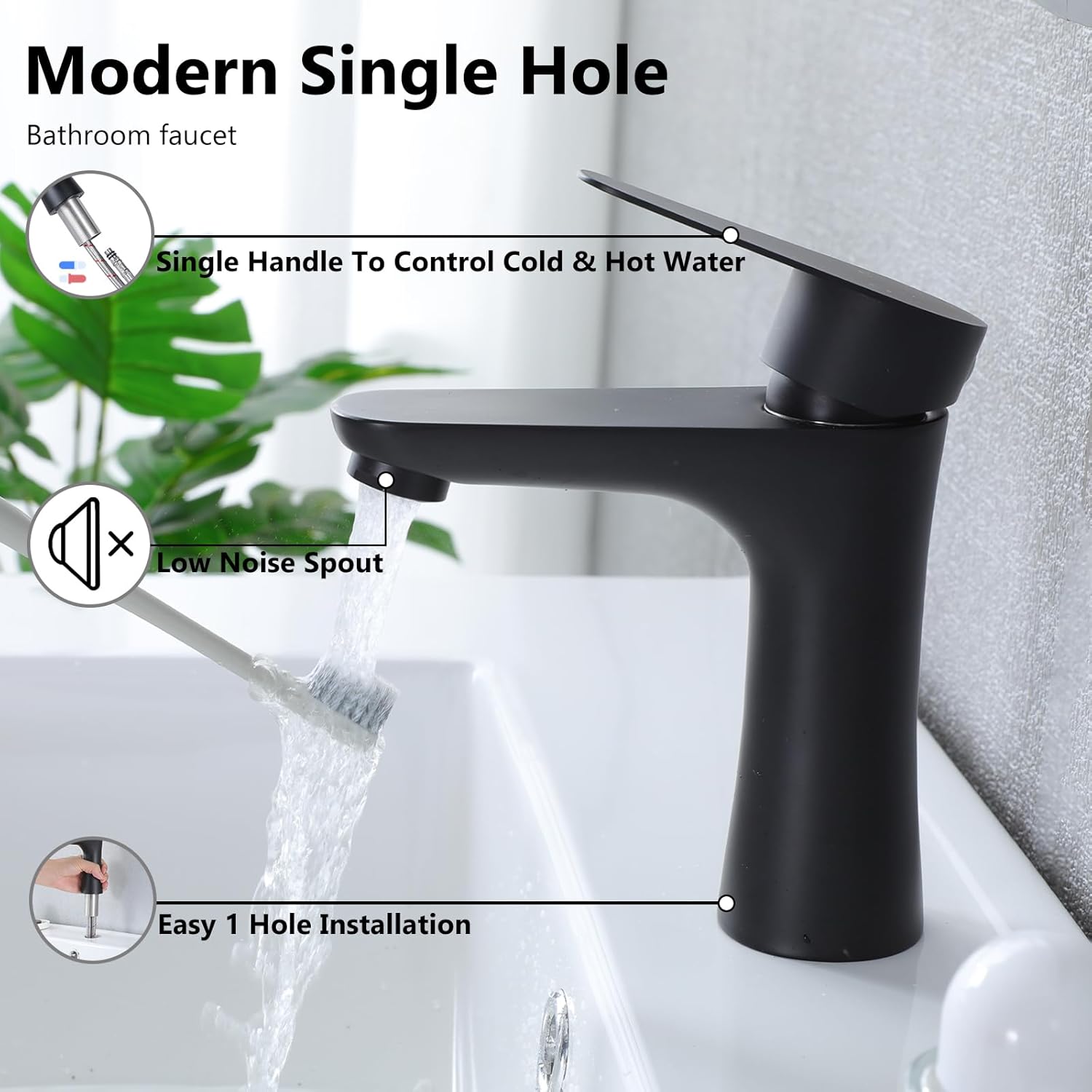 VAPSINT Black Bathroom Faucet 1 Hole, Matte Black Single Handle Bathroom Sink Faucet, Single Hole Stainless Steel Modern Vanity Faucets for Vessel RV with Water Supply Hoses and Pop Up Drain