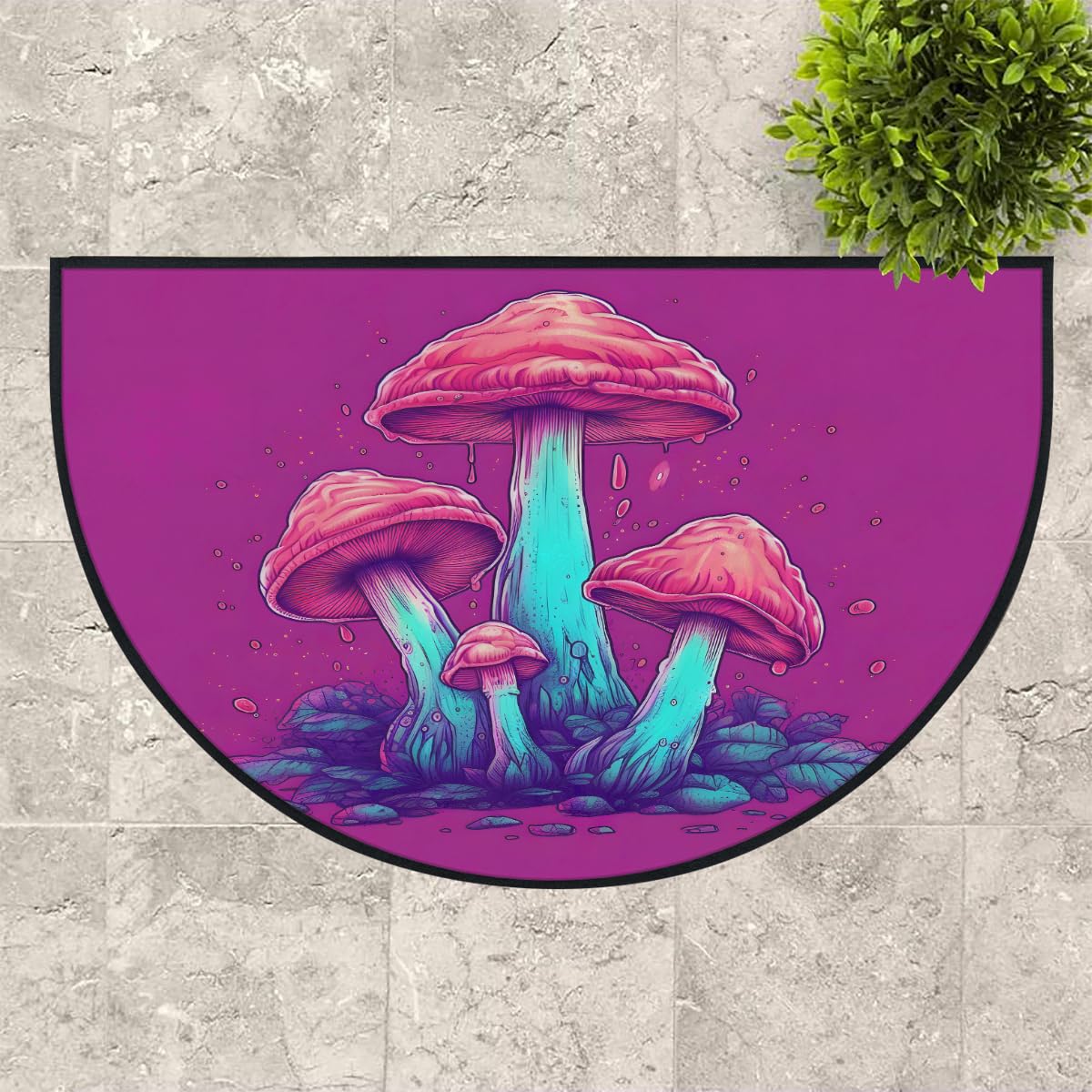 Mexpekil Paillasson demi-lune motif champignon rose fluo pour intérieur et extérieur - Demi-cercle - Tapis de sol absorbant la saleté - Demi-rond - 100 x 160 cm