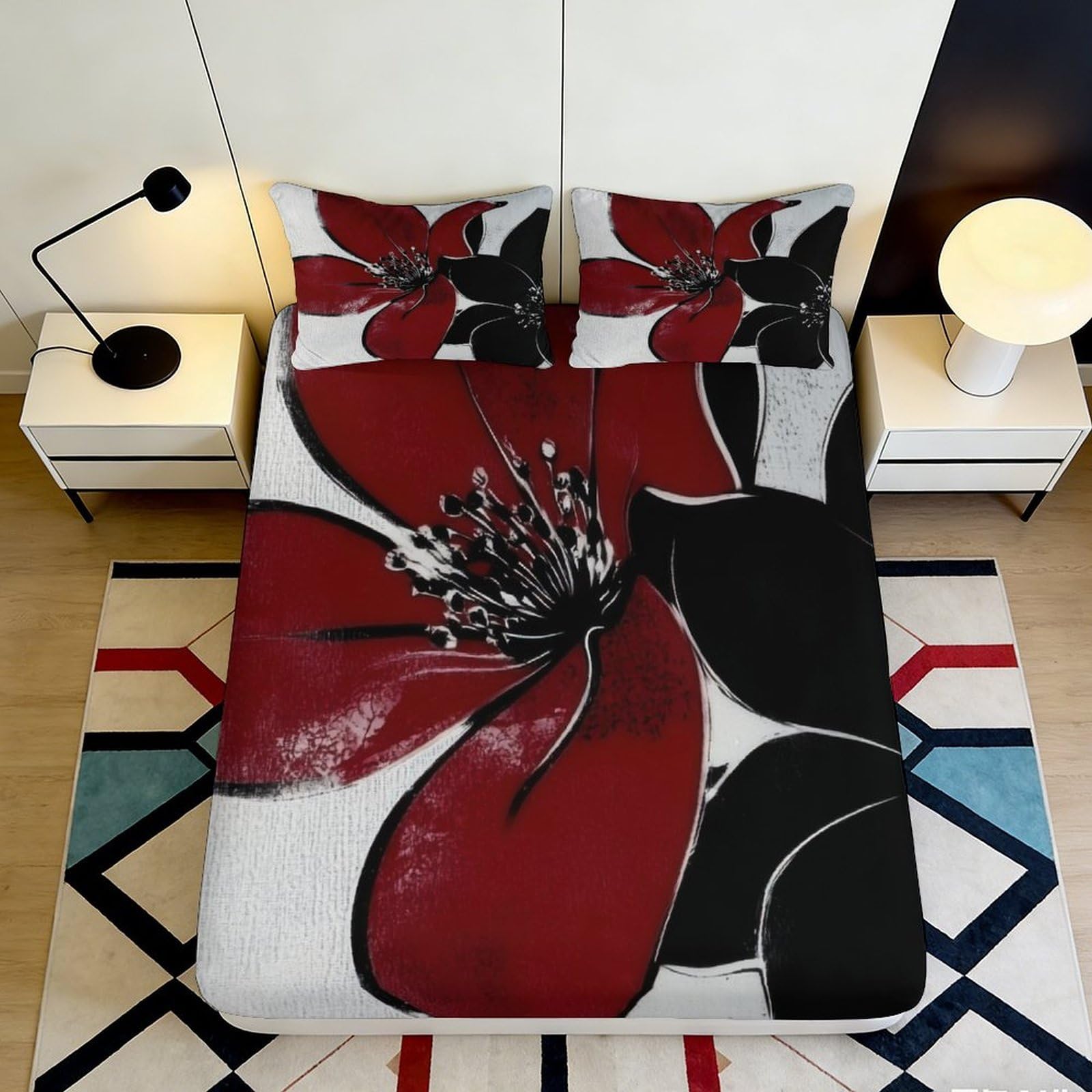 K1r3d9e5 Style-4 3D Printed Red Floral Fitted Sheet Microfiber Soft Black White Artistic Mattress Cover For Bedroom Guest Room Dorm Decor 90X200x25cm