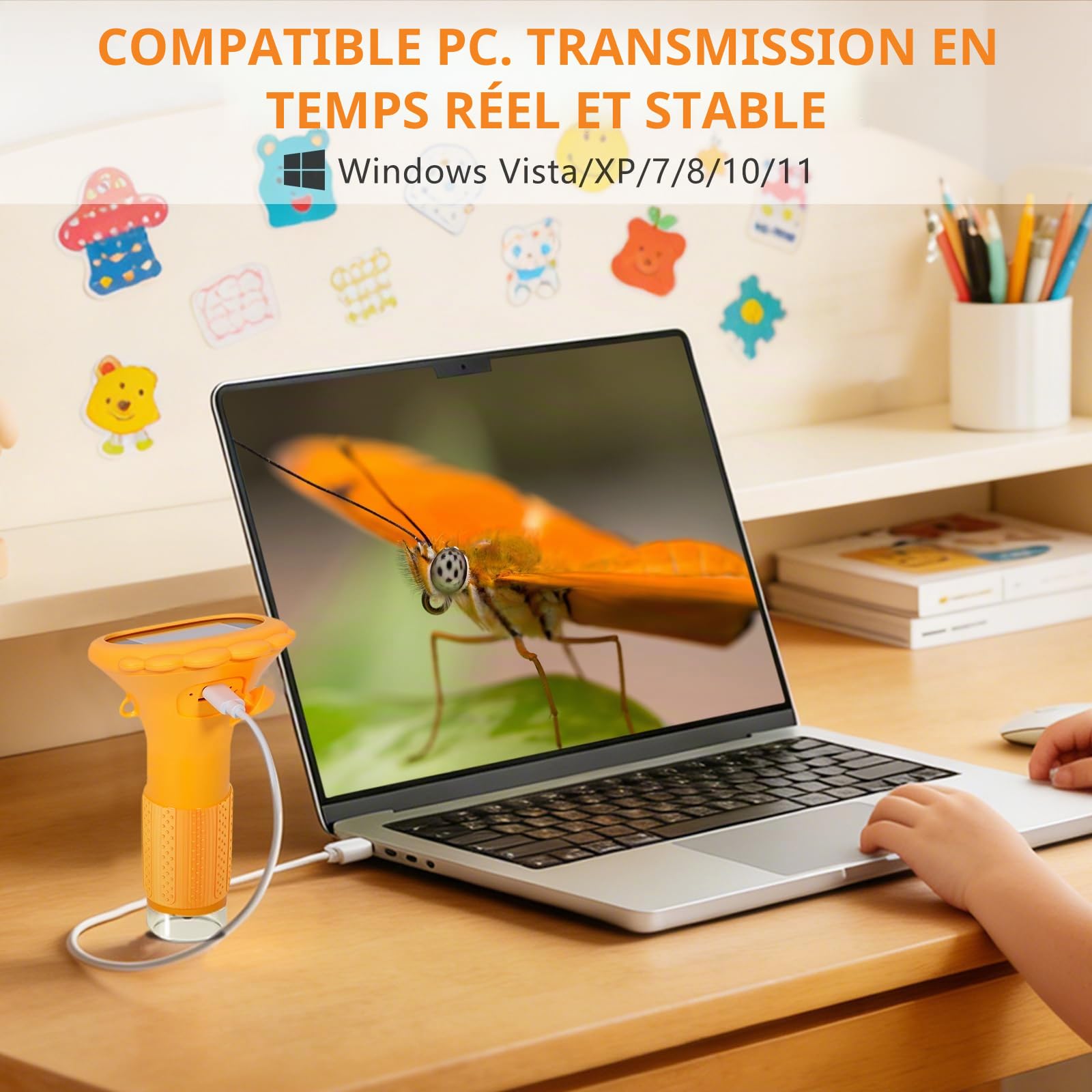 Microscope Portable pour Enfants, 1000X Mini Microscope Numérique avec Écran IPS 2,0" et 8 LED, Microscopes de Poche USB Type-C Compatible PC, Jouet Scientifique pour Enfants dès 3 Ans, Jaune